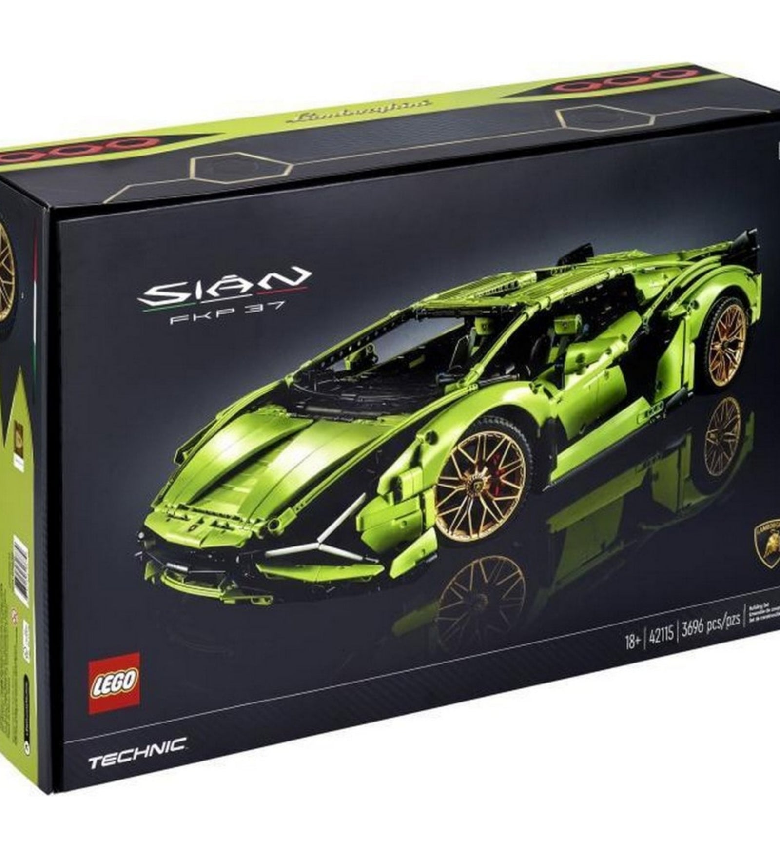 A LEGO Technic Lamborghini Sian FKP 37 (42115) lenyűgöző fekete-zöld doboza, amelyen a sportautó részletes modellje és az ikonikus arany felnik láthatók.
