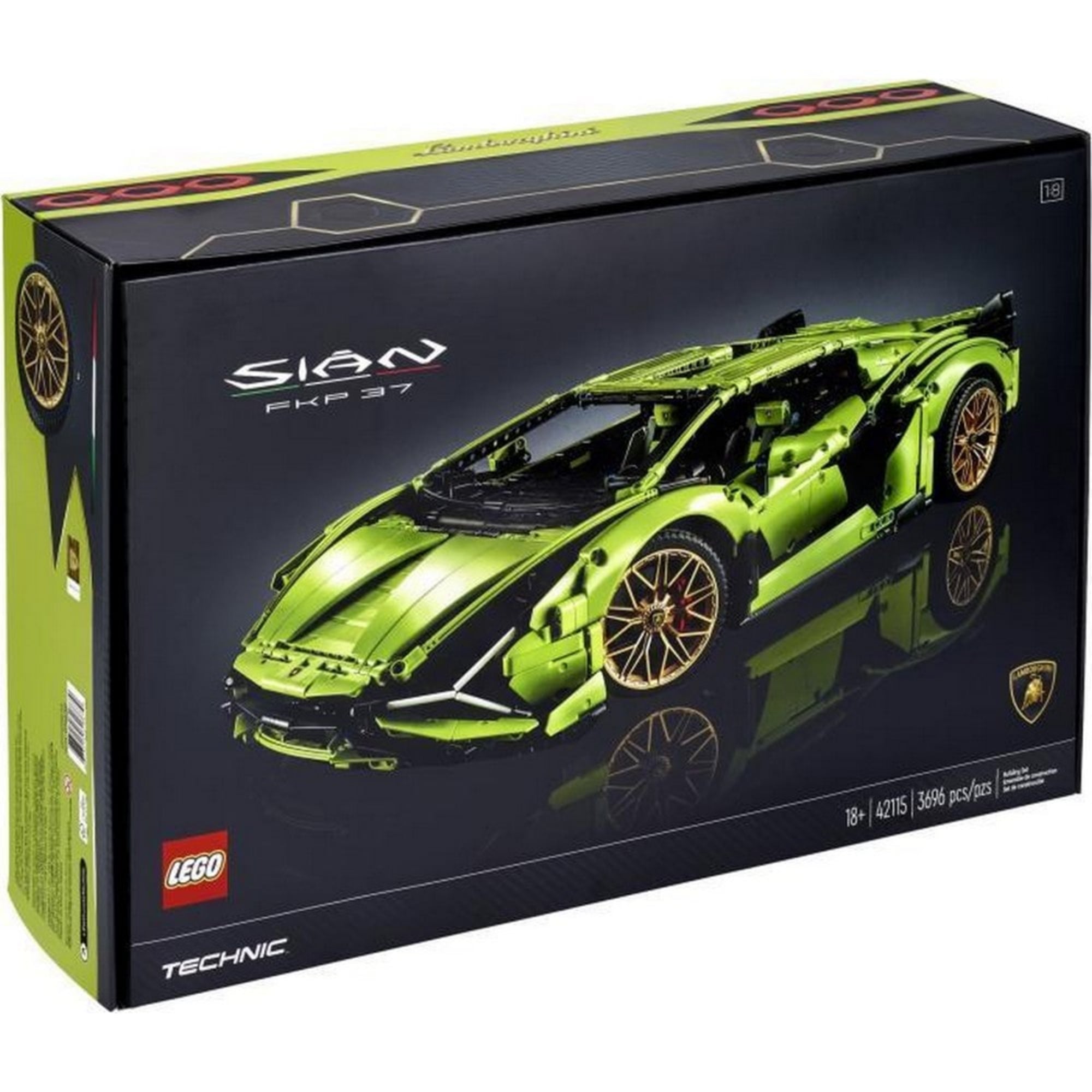 A LEGO Technic Lamborghini Sian FKP 37 (42115) lenyűgöző fekete-zöld doboza, amelyen a sportautó részletes modellje és az ikonikus arany felnik láthatók.