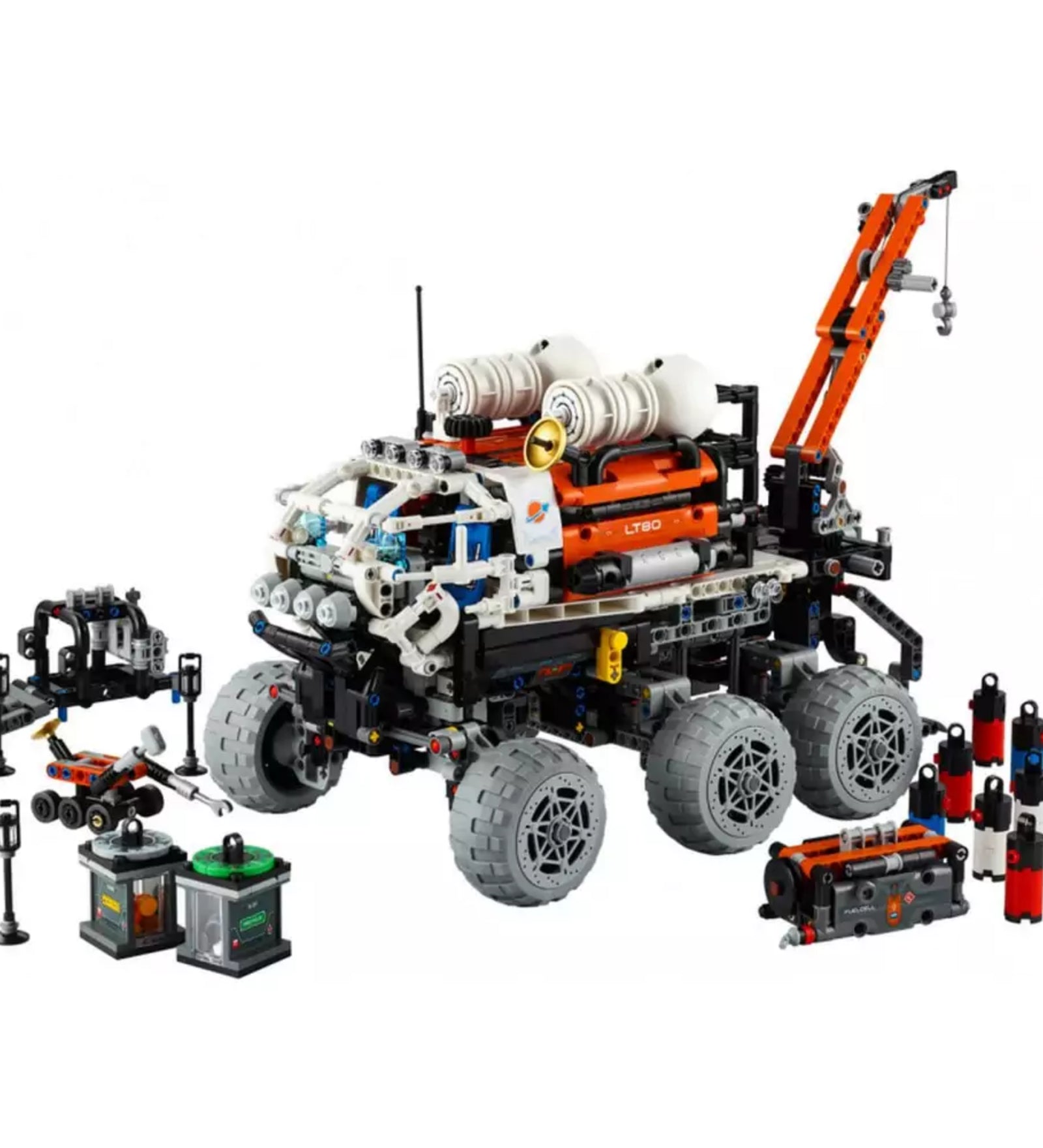 A LEGO Technic Marskutató űrjármű (42180) teljesen összeépítve, nyolckerék-meghajtással, daruval, műszerekkel, robotkarral és marsi kutatófelszereléssel.