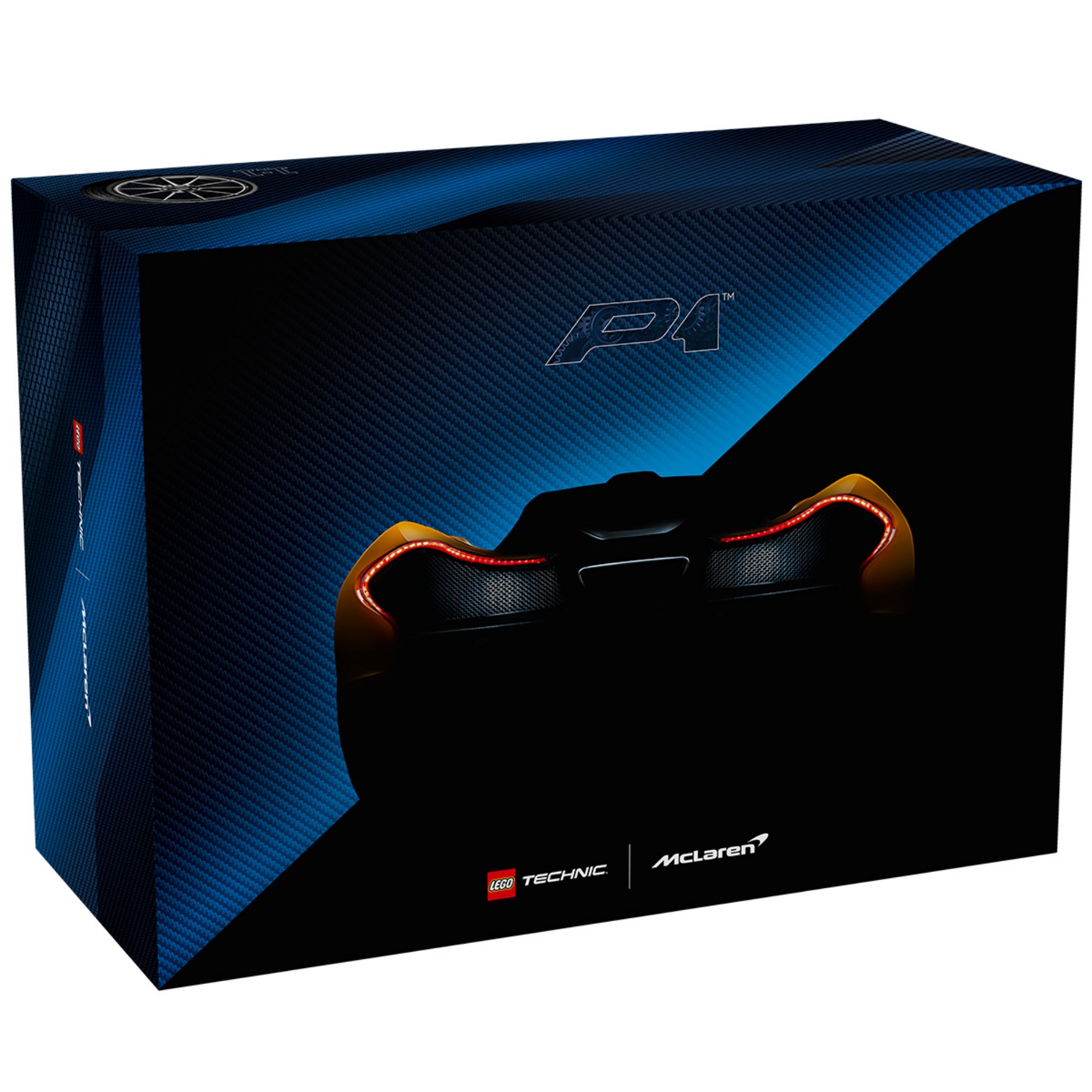 A LEGO Technic McLaren P1 (42172) doboz hátoldala, amely a modell hátsó részét és az ikonikus P1 LED-lámpákat ábrázolja stílusos, sötét kompozícióban.