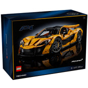A LEGO Technic McLaren P1 (42172) doboza, amelyen a részletes, sárga autómodell látható modern, sötétkék háttérrel és karbonmintás dizájnnal.