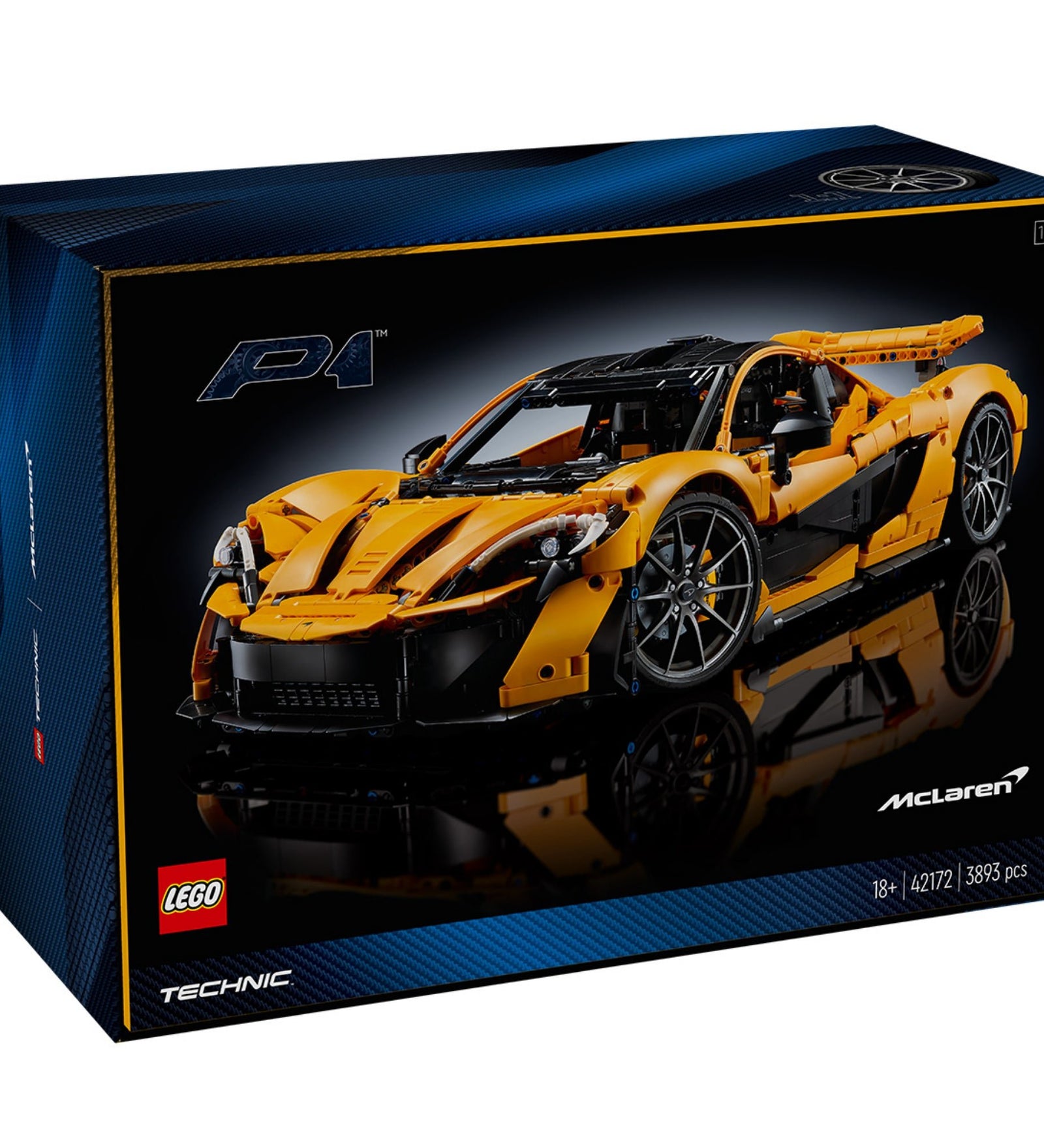 A LEGO Technic McLaren P1 (42172) doboza, amelyen a részletes, sárga autómodell látható modern, sötétkék háttérrel és karbonmintás dizájnnal.