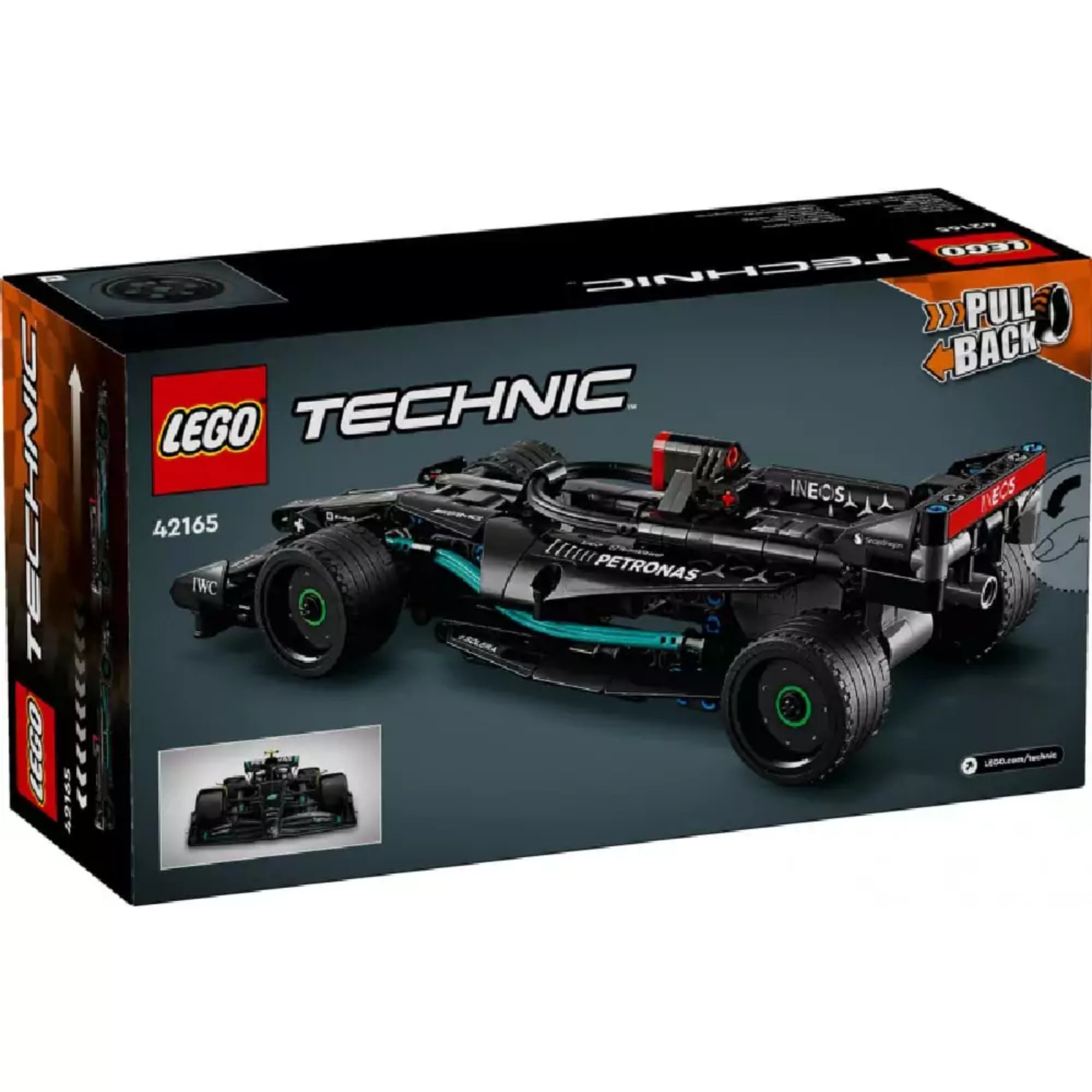 A LEGO Technic Mercedes-AMG F1 W14 Pull-Back (42165) dobozának hátoldala, a jármű hátsó nézetével és funkciók bemutatásával.