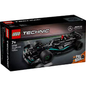 LEGO Technic Mercedes-AMG F1 W14 Pull-Back (42165) készlet doboza, versenypályás háttérrel, a modell képével és Pull-Back funkcióval.