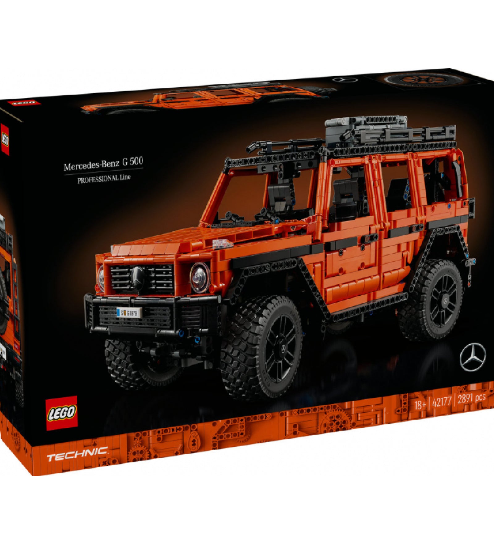  LEGO Technic Mercedes-Benz G 500 PROFESSIONAL Line (42177) doboza, amelyen a részletesen kidolgozott narancssárga terepjáró látható fekete háttérrel és a Mercedes-logóval.