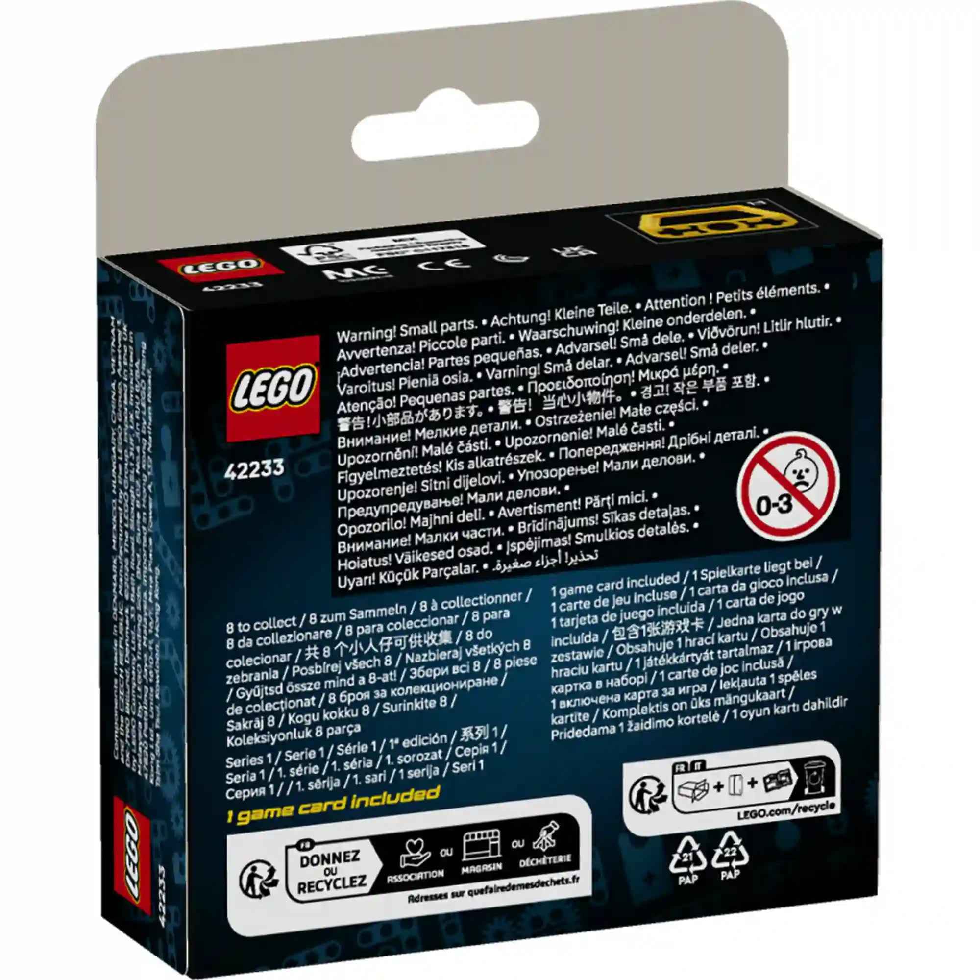 LEGO Technic: Mini Munkagépek 42233, 44 darabos készlet csomagolásának hátoldala.
