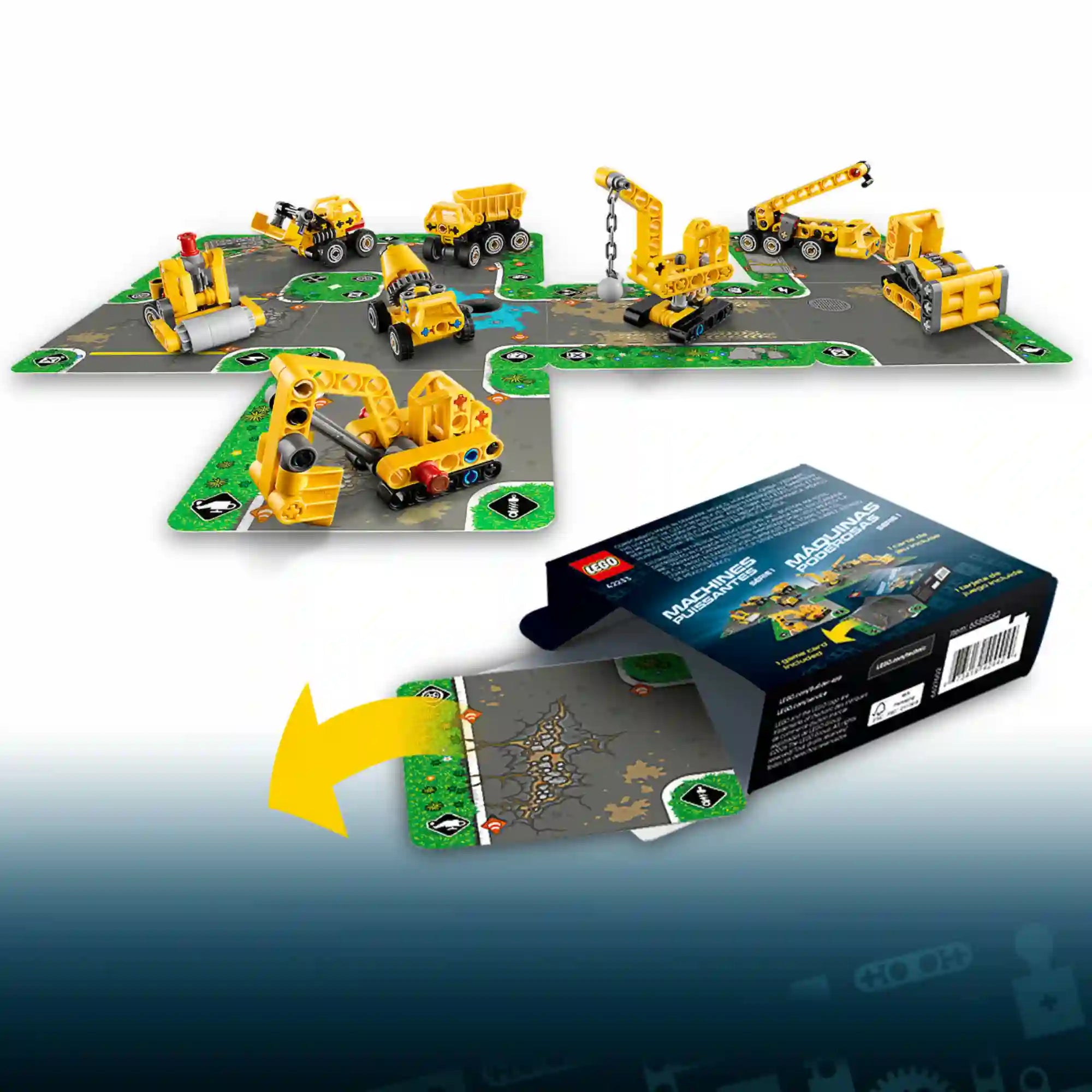 LEGO Technic: Mini Munkagépek 42233, 44 darabos járművek az összekapcsolható útpályakártyákon.