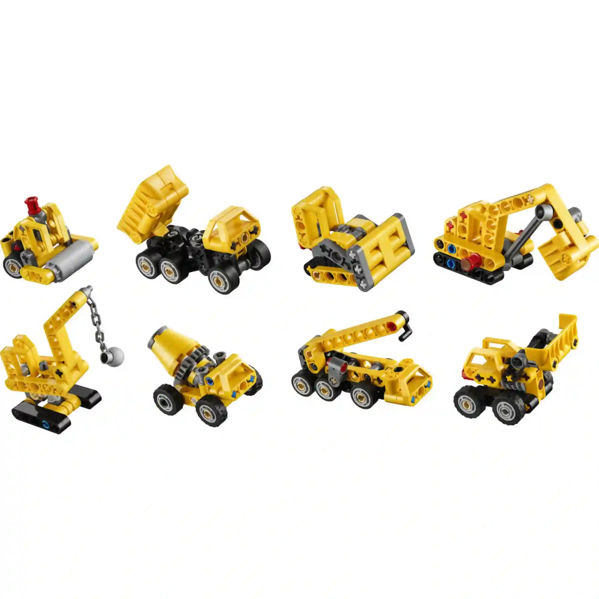 LEGO Technic: Mini Munkagépek 42233, 44 darabos készlet nyolcféle gyűjthető munkagépe fehér háttéren.
