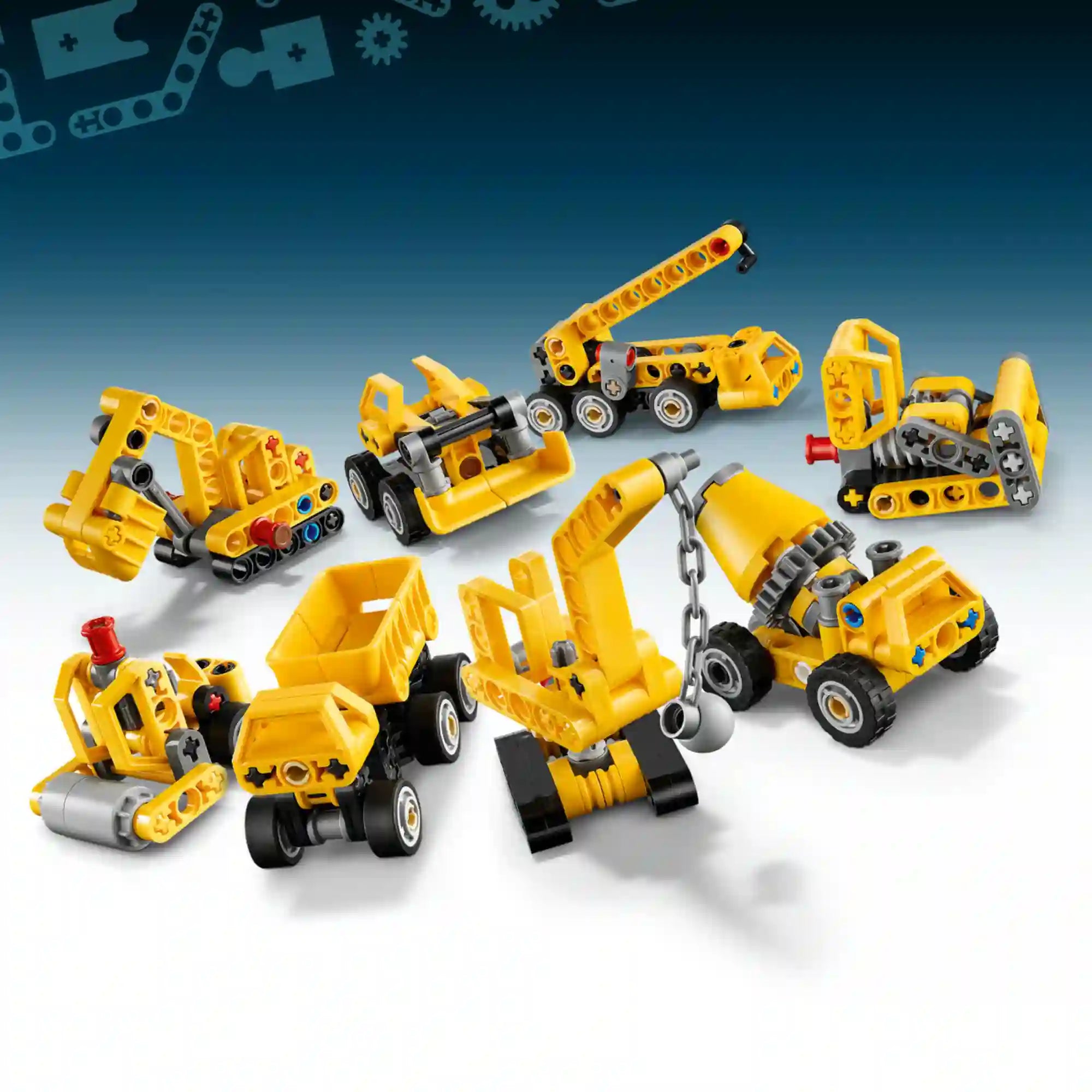 LEGO Technic: Mini Munkagépek 42233, 44 darabos sorozat különböző sárga építőipari járművei.