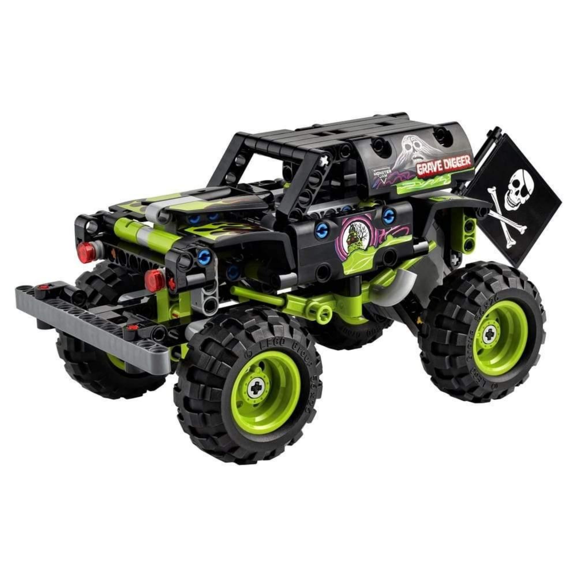 LEGO Technic Monster Jam Grave Digger 42118 készletből épített fekete-zöld monster truck koponyás zászlóval és részletgazdag grafikával.