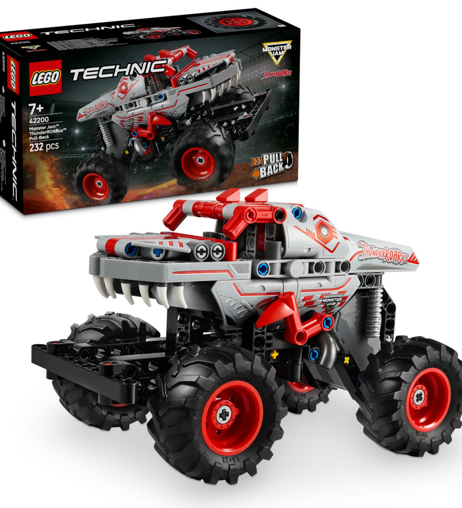 A LEGO Technic Monster Jam ThunderROARus pull-back teherautója a dobozával együtt látható, amely 232 darabból áll. A jármű piros és szürke dizájnnal, nagy kerekekkel és dinoszaurusz által inspirált részletekkel rendelkezik, például éles fogakkal és mechanikus elemekkel.