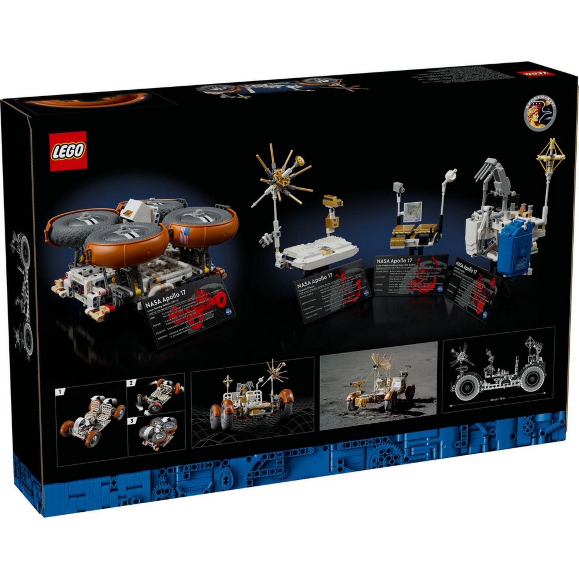 „LEGO Technic NASA Apollo holdjáró jármű (42182) dobozának hátoldala több építési lehetőséggel és valós NASA Apollo 17 küldetés fotóval, valamint technikai rajzzal.”