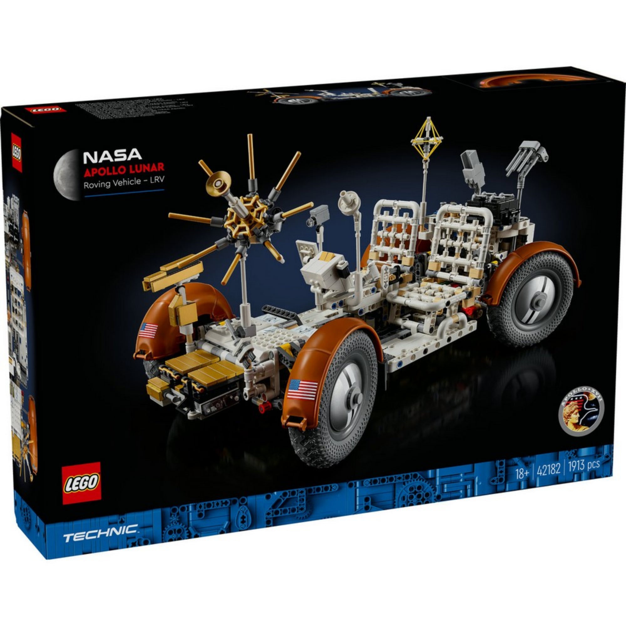 „LEGO Technic NASA Apollo holdjáró jármű (42182) termék doboza elölnézetből, fekete háttérrel, a jármű részletes modelljével és az amerikai zászlóval az oldalán.”