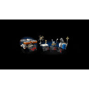 „LEGO Technic NASA Apollo holdjáró jármű (42182) kiegészítő elemei sötét háttérrel, köztük antenna, műszerek, ülőhelyek, és információs táblák több elemhez elhelyezve.”