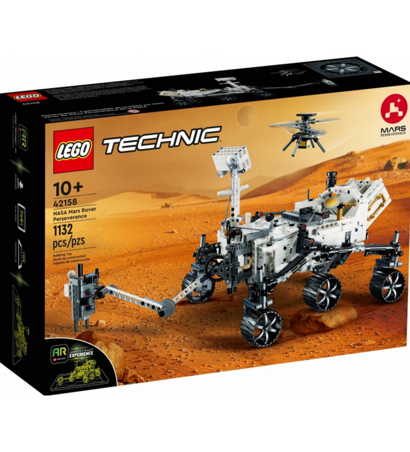 LEGO Technic NASA Mars Rover Perseverance 42158 doboza, a marsi tájat idéző háttérrel, valamint a 1132 darabból álló készlet és az AR funkció is kiemelve.