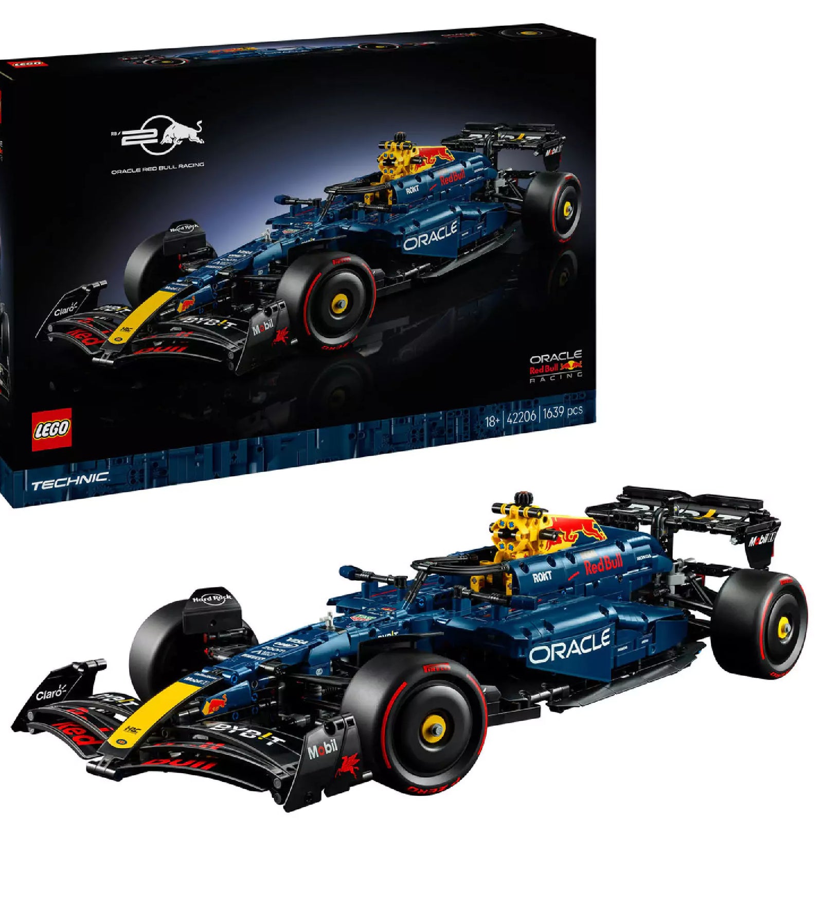 LEGO Technic Red Bull formaautó (42206) szett doboza és az összerakott sötétkék, sárga, fekete és piros színekben pompázó versenyautó-modell elölnézetből.