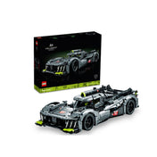 A LEGO Technic PEUGEOT 9X8 24H Le Mans Hybrid Hypercar (42156) készlet doboza és a teljesen megépített modell egymás mellett látható, fekete-zöld háttérrel és 1775 darabos felirattal.