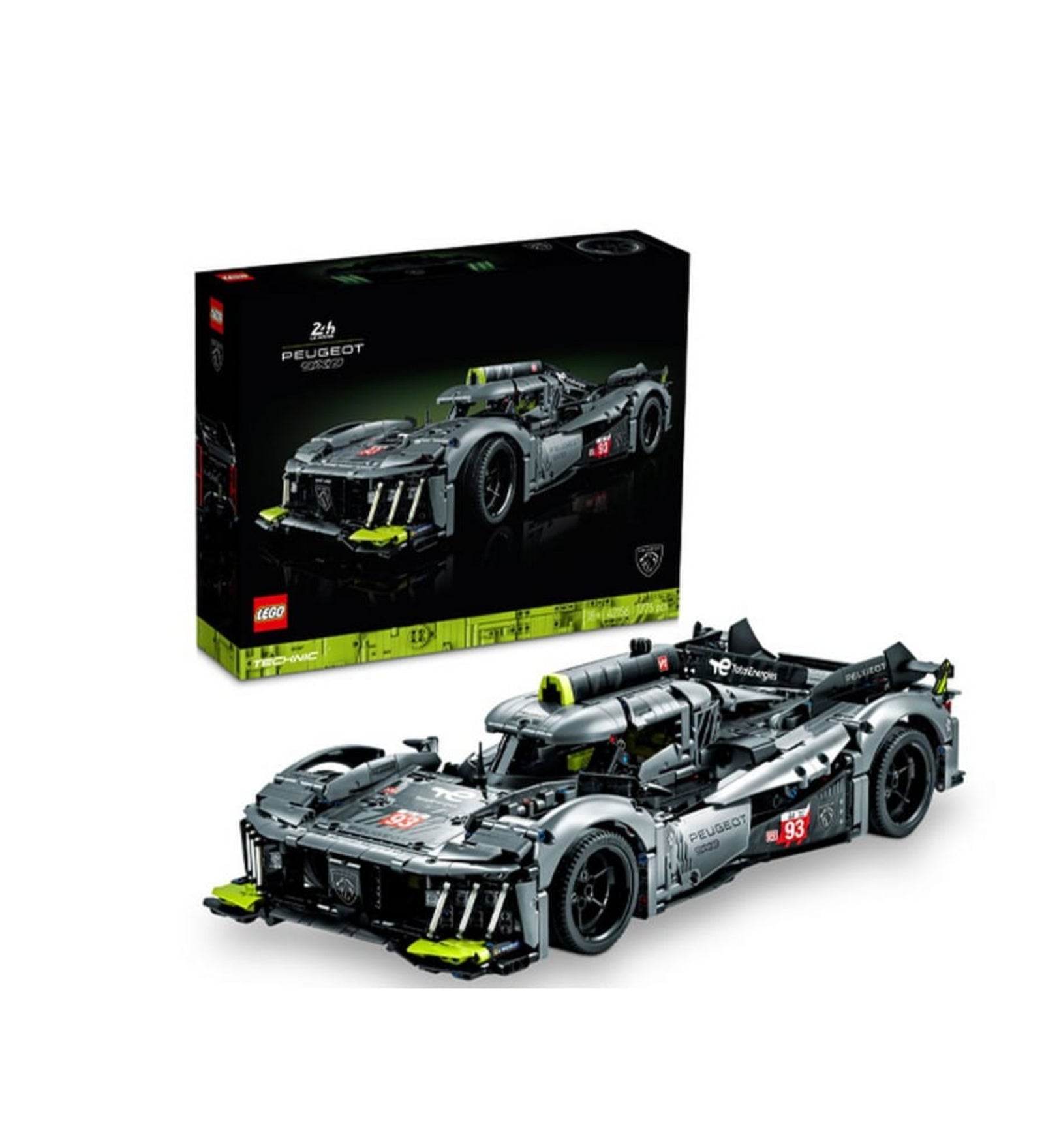 A LEGO Technic PEUGEOT 9X8 24H Le Mans Hybrid Hypercar (42156) készlet doboza és a teljesen megépített modell egymás mellett látható, fekete-zöld háttérrel és 1775 darabos felirattal.