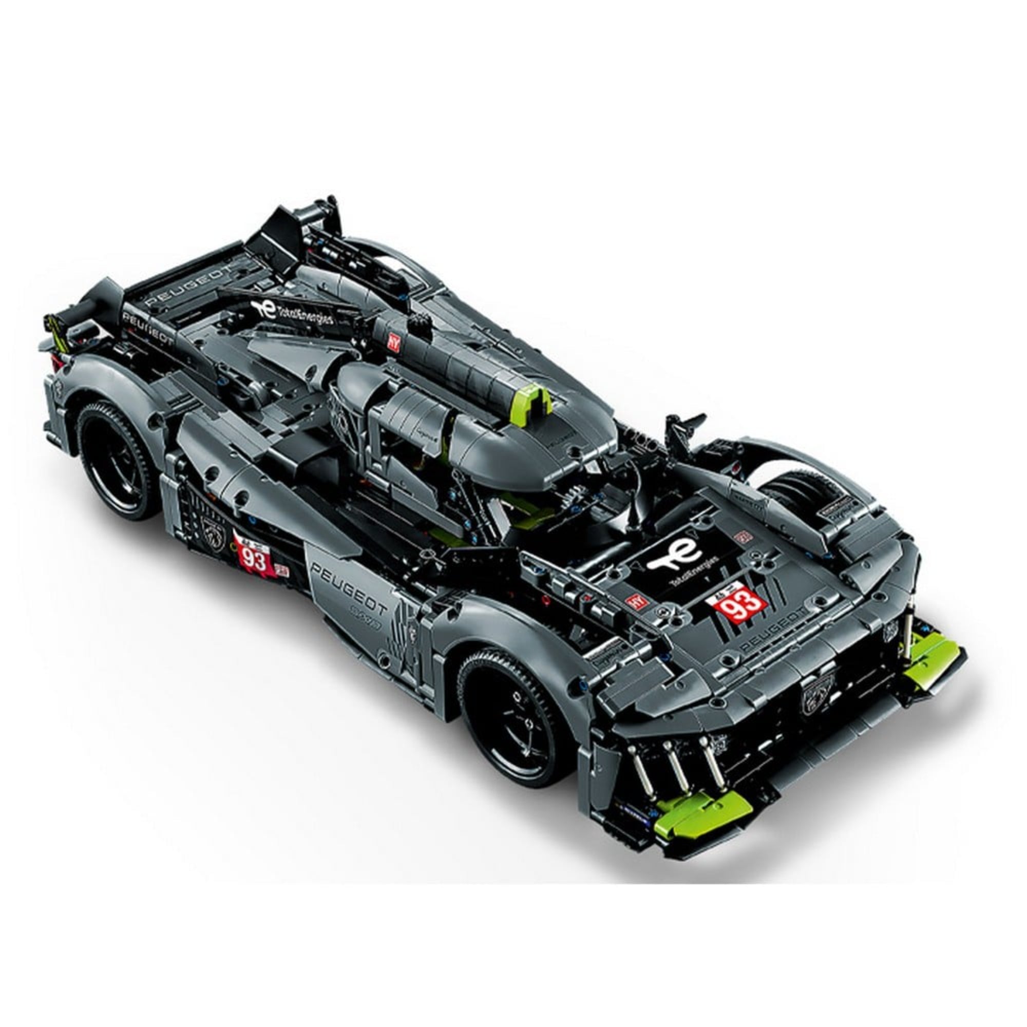 A LEGO Technic PEUGEOT 9X8 versenyautó felülnézetből, jól látható aerodinamikai elemekkel, nyitott hátsó résszel, részletes motorháztetővel és szponzormatricákkal.