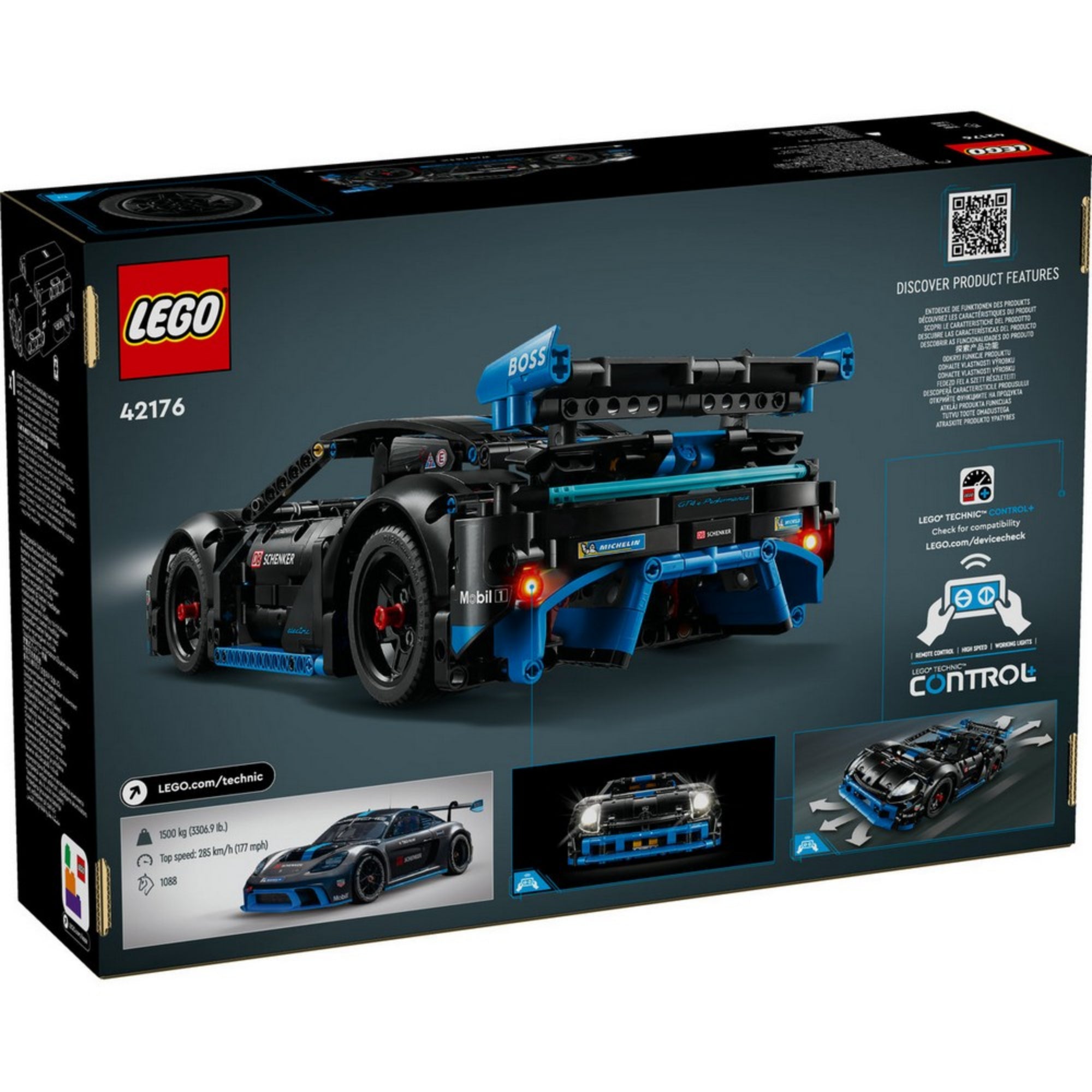 A LEGO Technic Porsche GT4 e-Performance (42176) dobozának hátoldala, rajta az autó hátsó nézete, technikai részletek, Control+ alkalmazás bemutatása.