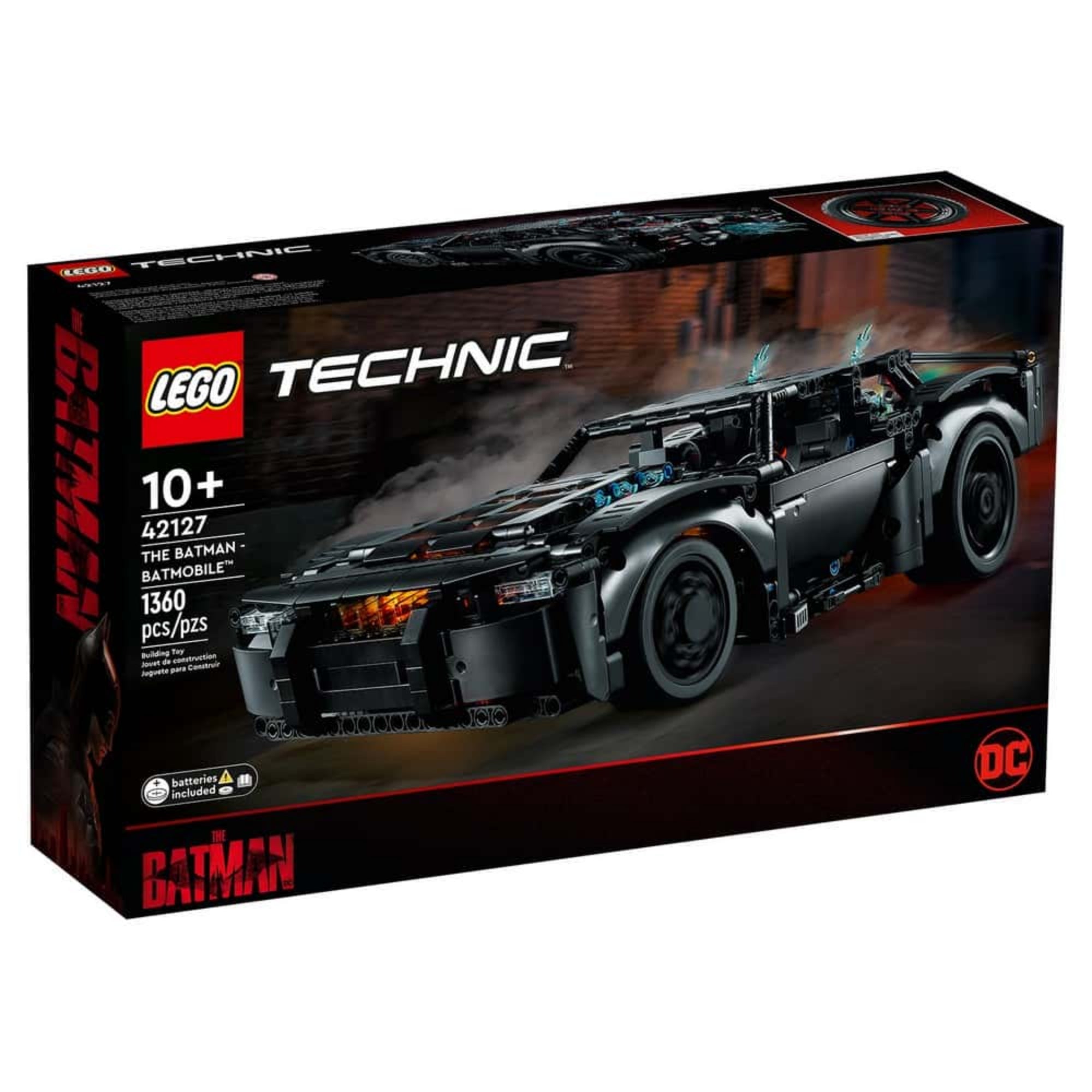 A LEGO Technic The Batman – Batmobil (42127) szett díszdoboza, sötét háttérrel és a világító funkciókat kiemelő grafikával.