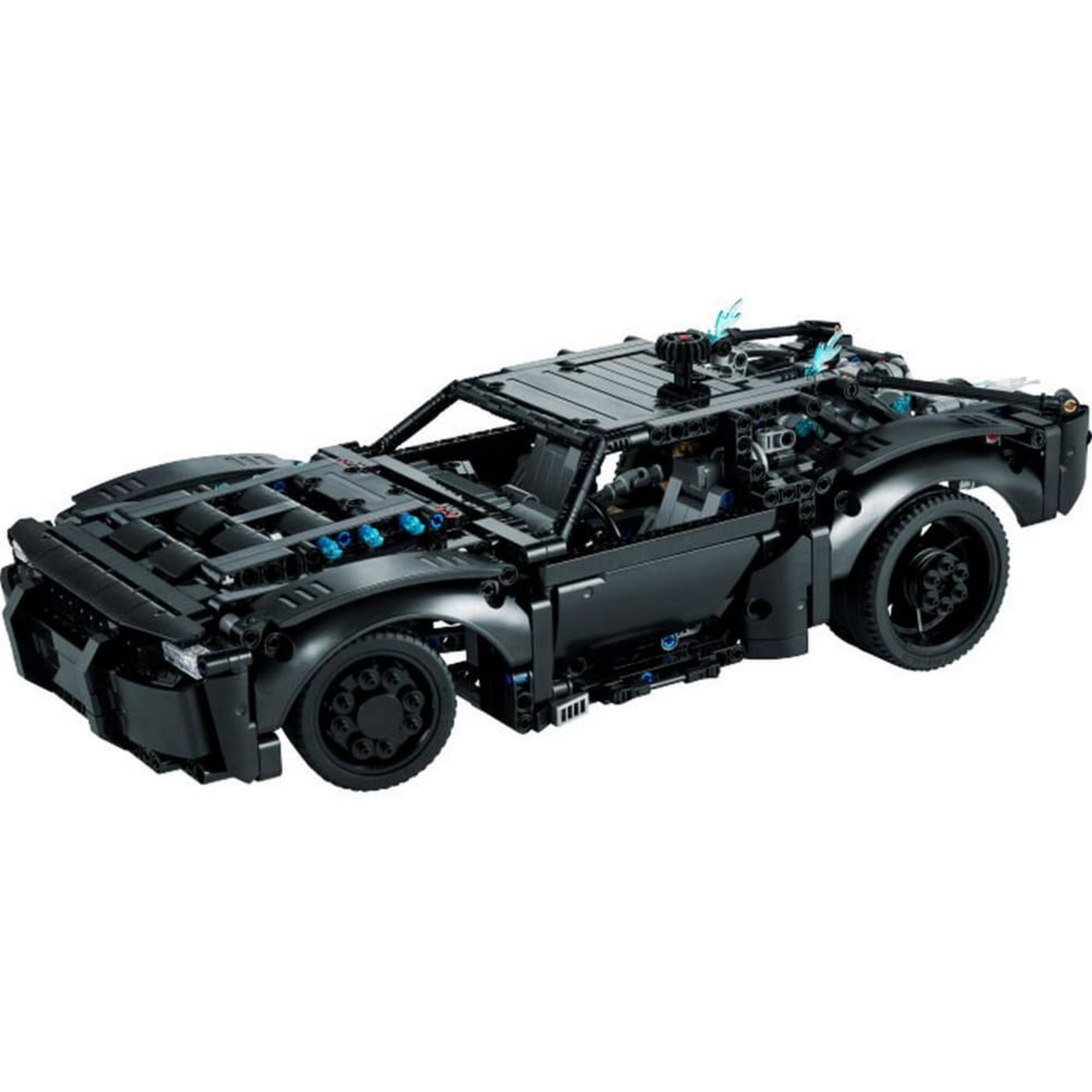 Teljesen összerakott LEGO Technic The Batman – Batmobil (42127) modell oldalnézetből, letisztult fekete dizájnnal és részletes kidolgozással.