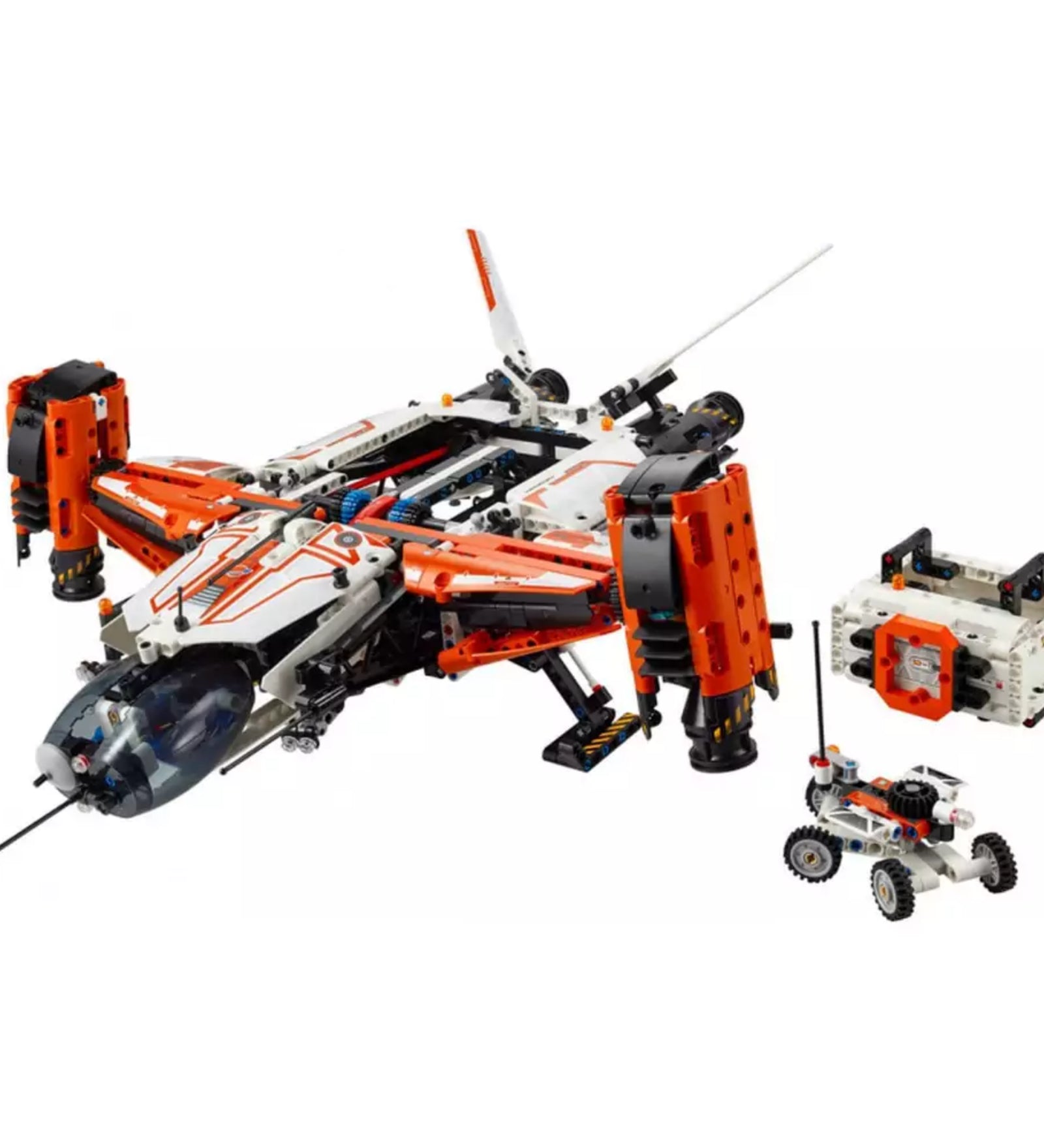 Részletes kép a LEGO Technic VTOL teherszállító űrhajó LT81 (42181) teljesen összerakott modelljéről, amely narancssárga, fekete és fehér színekben pompázik, és tartalmaz egy mini felfedező járművet és rakományt is.