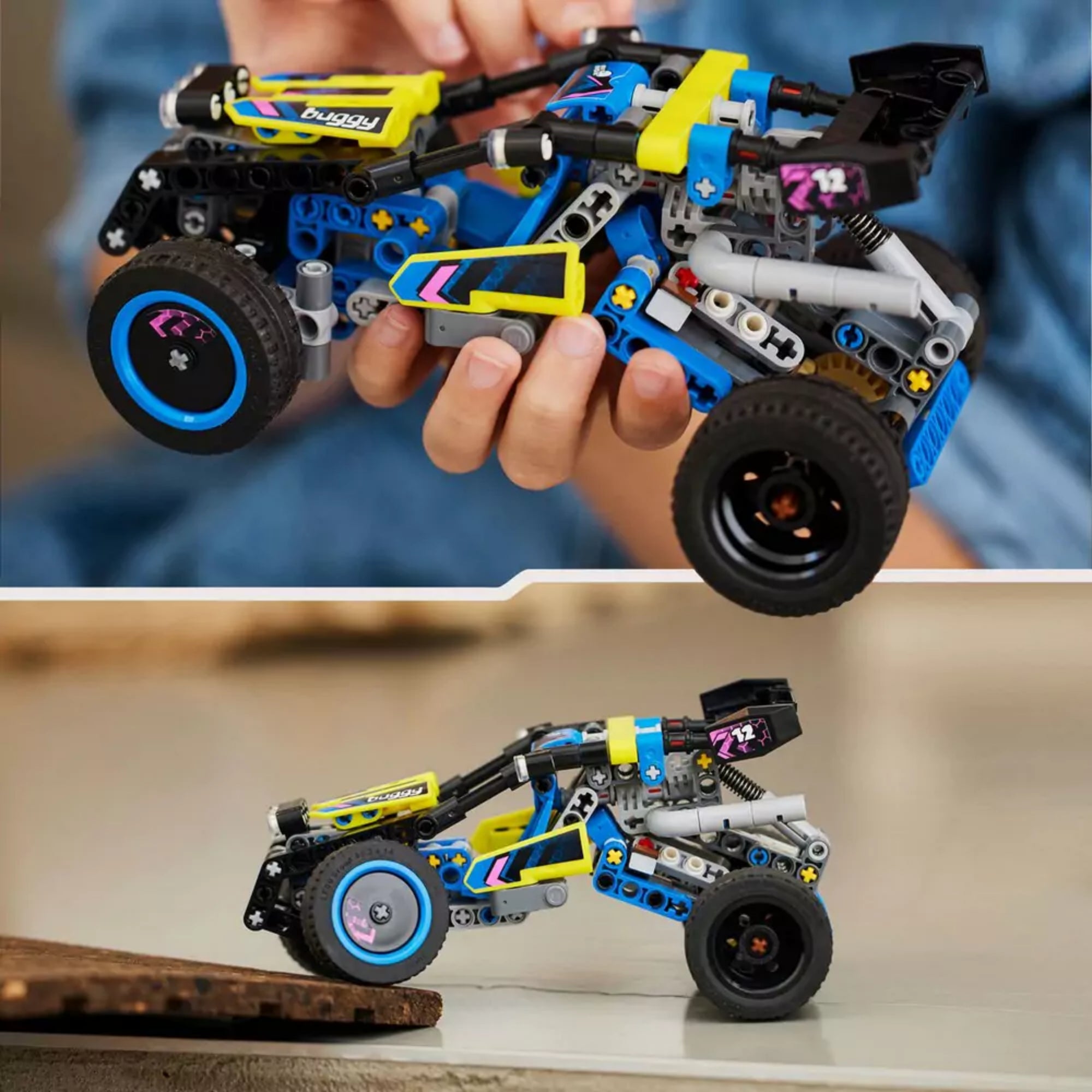 LEGO Technic Verseny homokfutó 42164 játék közben, gyerek kezében tartva és ugratás közben, asztalon, részletes járműfelépítéssel