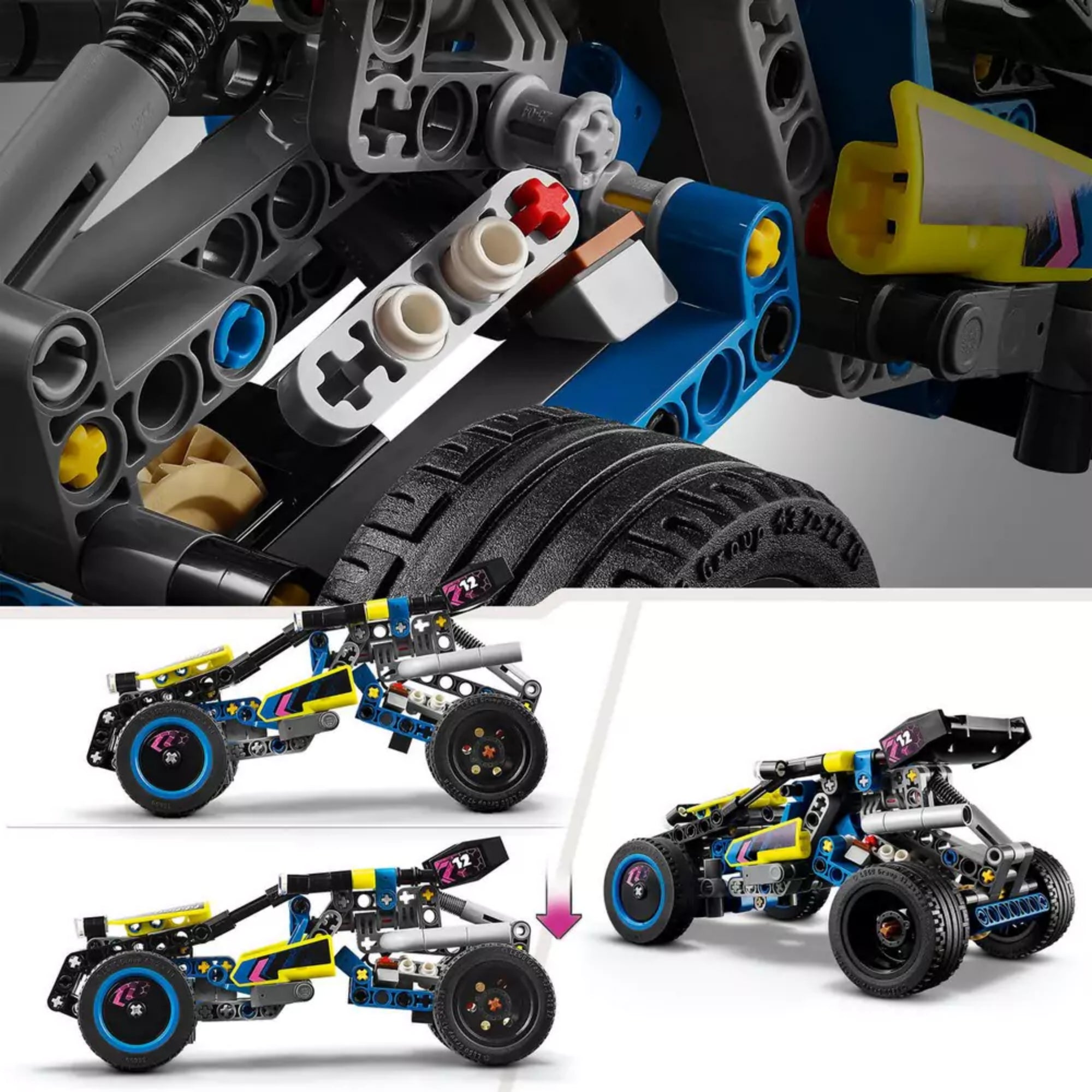 LEGO Technic Verseny homokfutó 42164 közeli felvétele a hátsó rugós felfüggesztés mechanizmusáról, valamint oldalsó nézetben a jármű mozgását bemutató illusztrációval