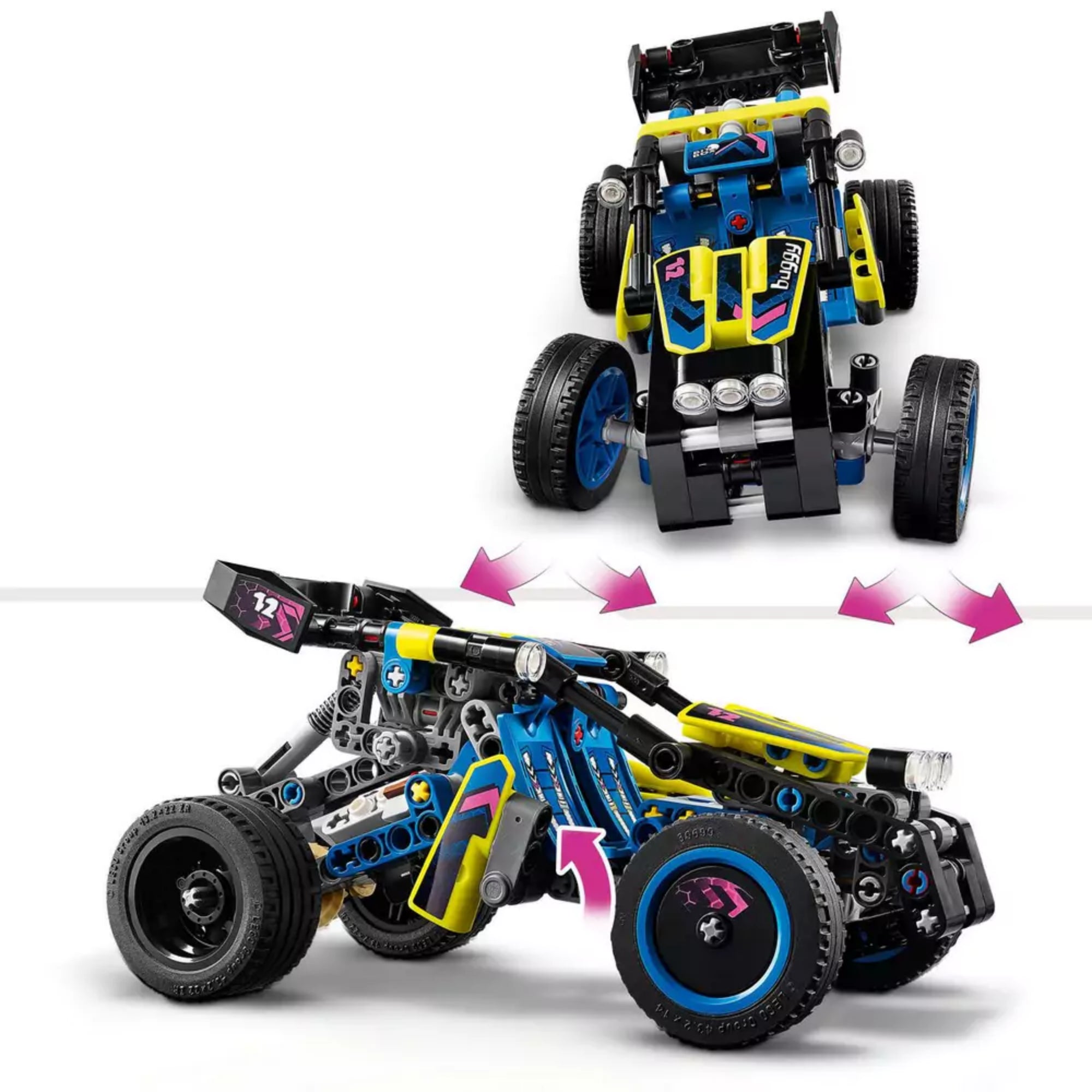 LEGO Technic Verseny homokfutó 42164 modellje felül- és oldalnézetből, mozgatható első és hátsó felfüggesztéssel, fekete, sárga és kék elemekkel, fehér háttér előtt