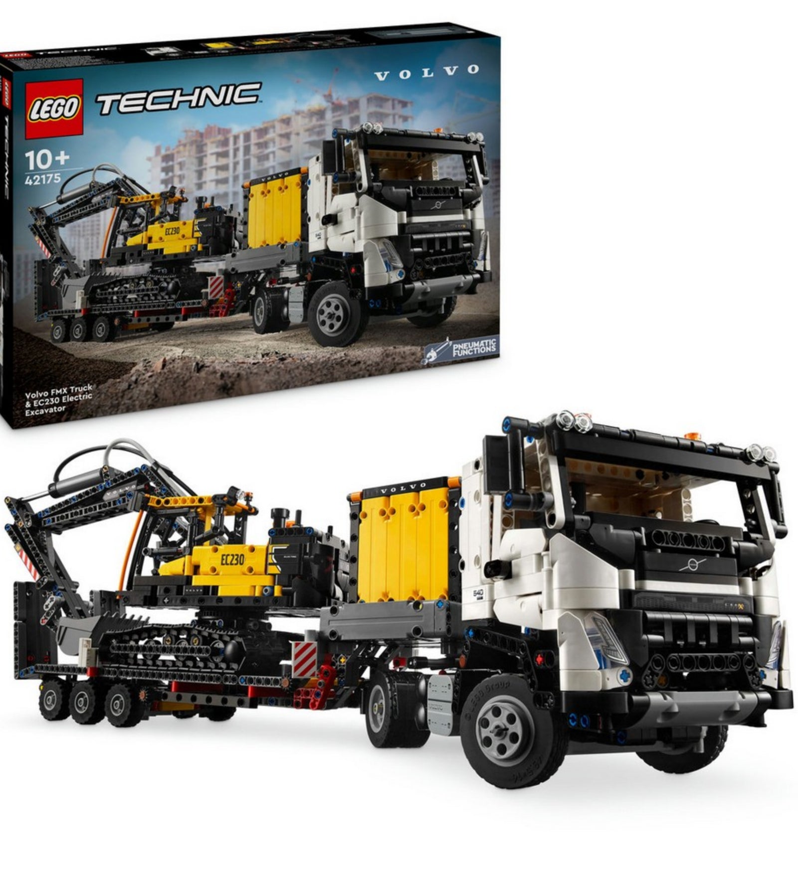 LEGO Technic Volvo FMX teherautó és EC230 elektromos markoló doboza és a készlet összeépített változata, amely részletesen bemutatja a teherautót és a szállított markolót.