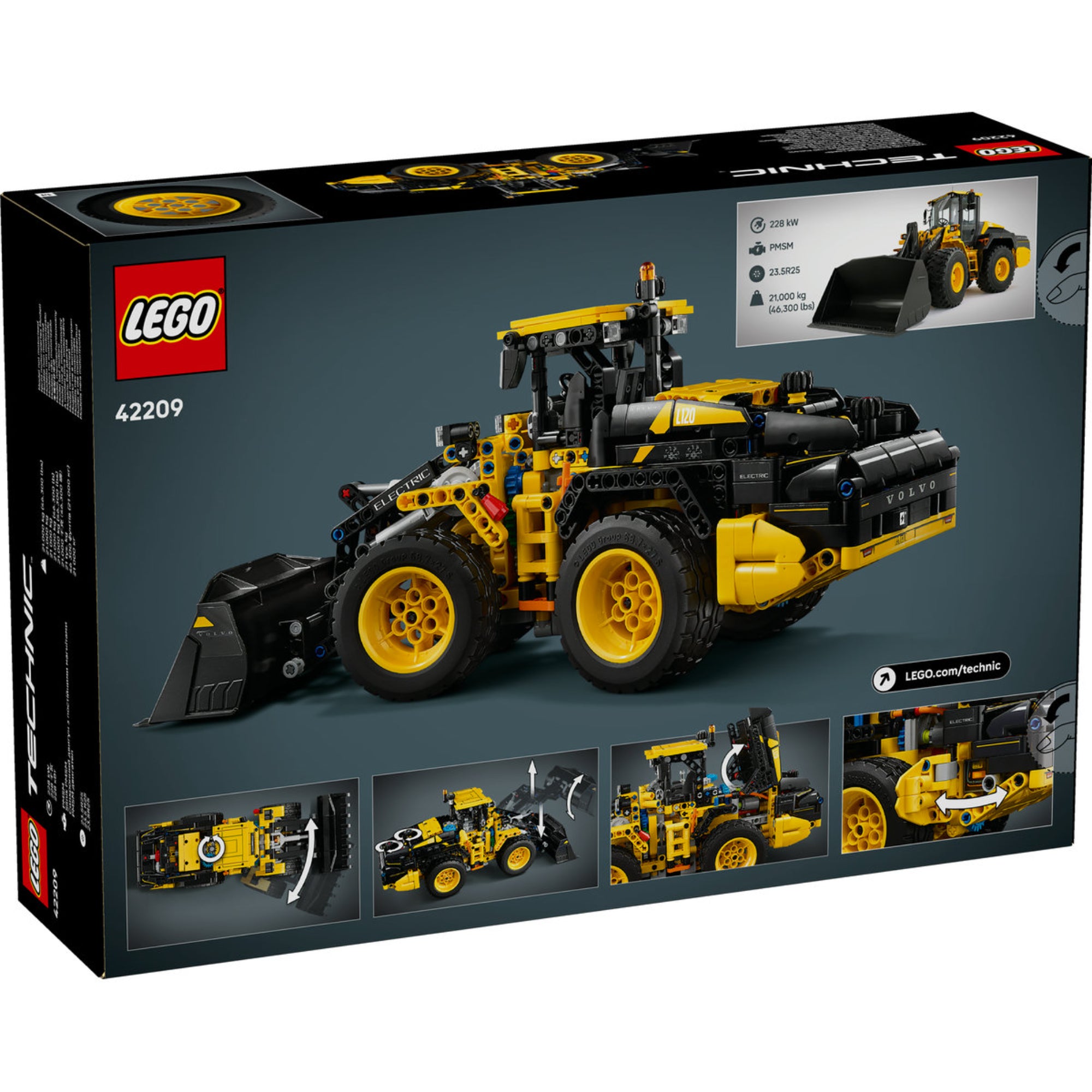 A LEGO Technic Volvo L120 Electric Wheel Loader (42209) doboz hátoldala, bemutatva a modell mozgó részeit, specifikációit és funkcióit.
