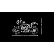LEGO Technic Yamaha MT-10 SP 42159 modell sematikus méretrajza, amely 44 cm hosszúságot és 25 cm magasságot tüntet fel fekete háttéren.