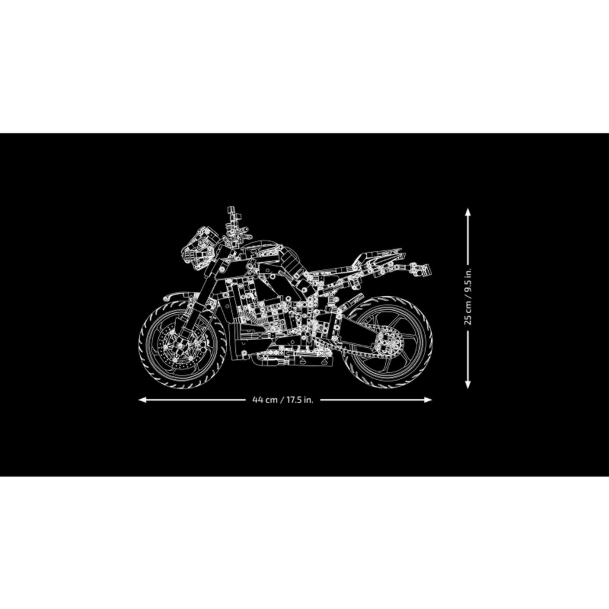 LEGO Technic Yamaha MT-10 SP 42159 modell sematikus méretrajza, amely 44 cm hosszúságot és 25 cm magasságot tüntet fel fekete háttéren.