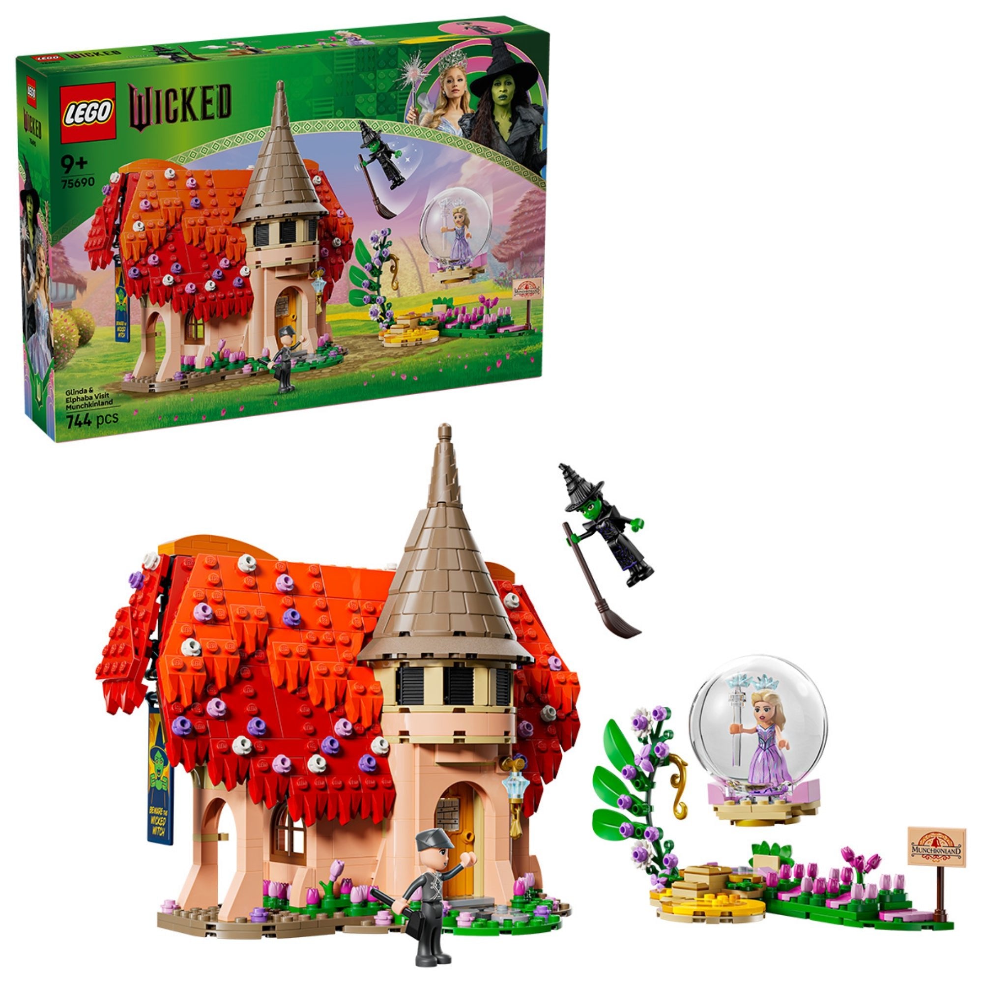 LEGO Wicked 75690 doboz és készlet – piros tetős ház, Glinda és Elphaba minifigurák, varázslatos jelenet