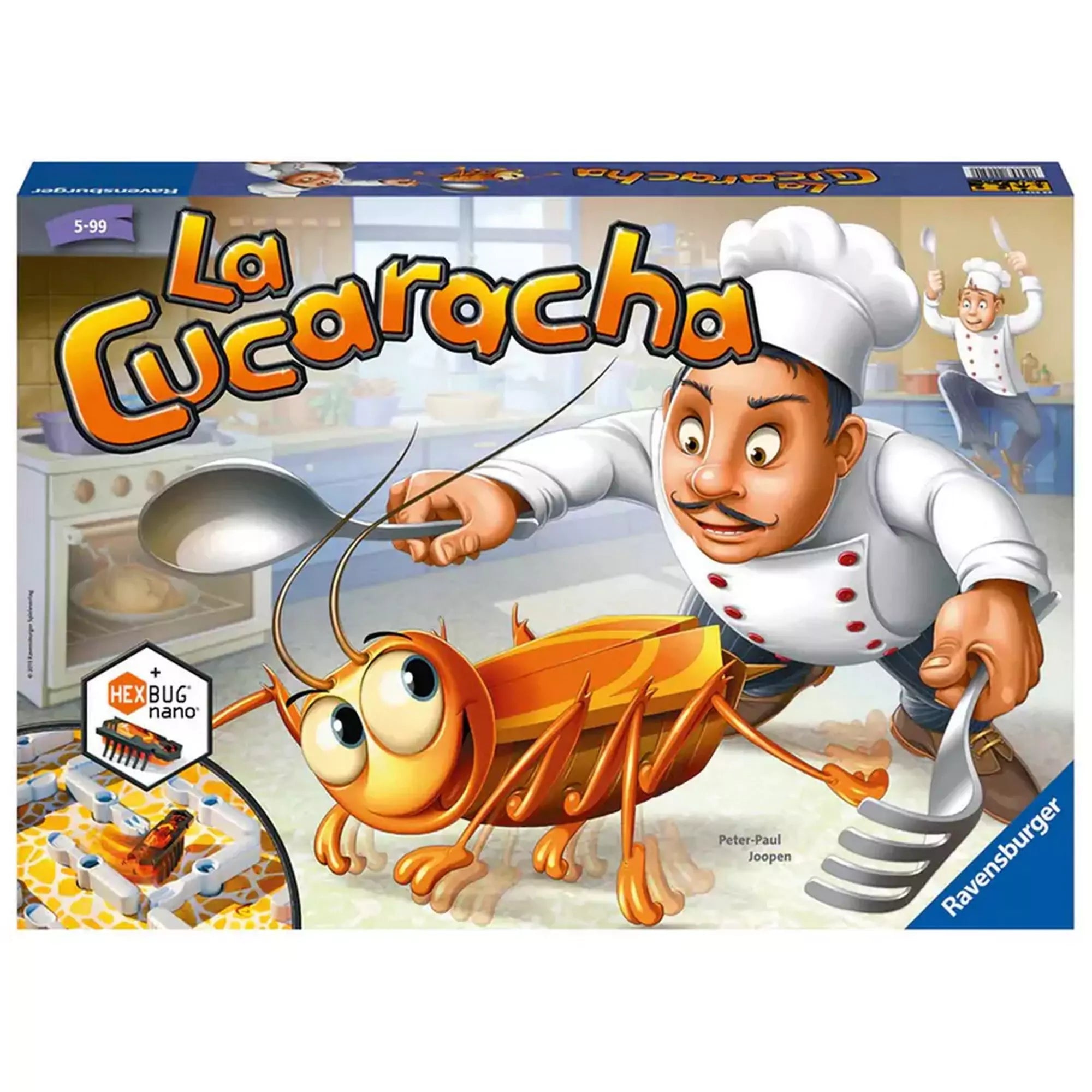 La Cucaracha társasjáték doboza. A borítón egy szakács próbál elkapni egy óriási csótányt. A Ravensburger családi játék Hexbug Nano-val.