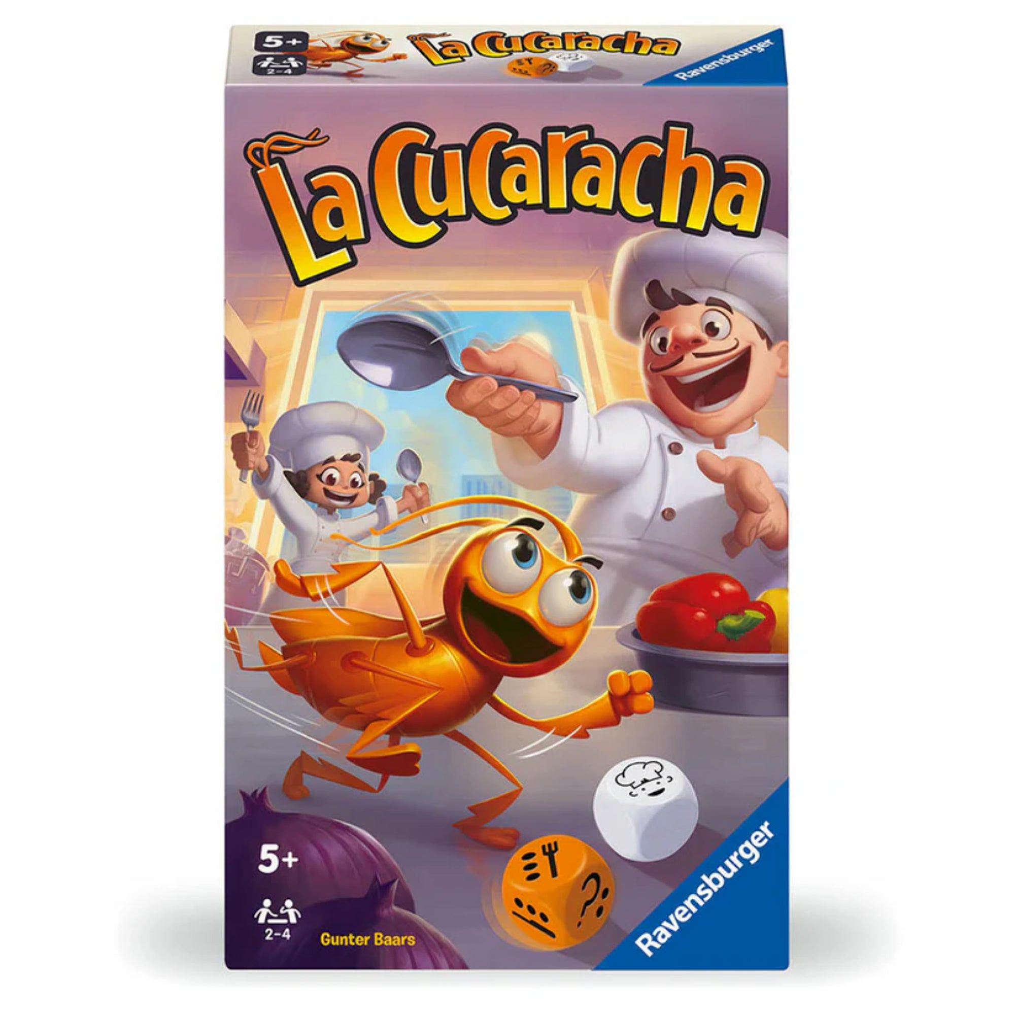 La Cucaracha társasjáték doboza, rajta egy mókás csótány menekül a szakácsok elől egy kanállal és villával a kezükben.