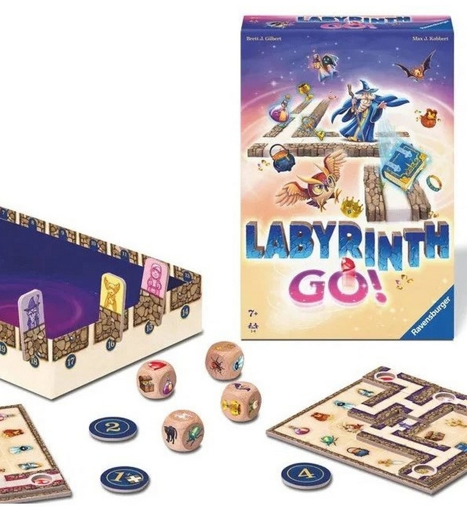 Labyrinth Go! – A társasjáték tartalma: labirintus táblák, dobókockák, pontjelölők és a Labyrinth Go! doboza fehér háttéren.