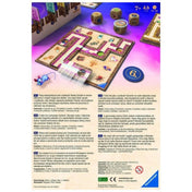 Labyrinth Go! – A társasjáték dobozának hátoldala, játékmenetet bemutató labirintussal, dobókockákkal és többnyelvű leírással.