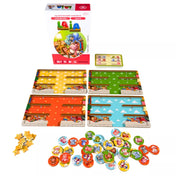 Laia társasjáték játékelemekkel: színes játéktáblák, állatos korongok, csillagjelölők, feladatkártya és a játék doboza.