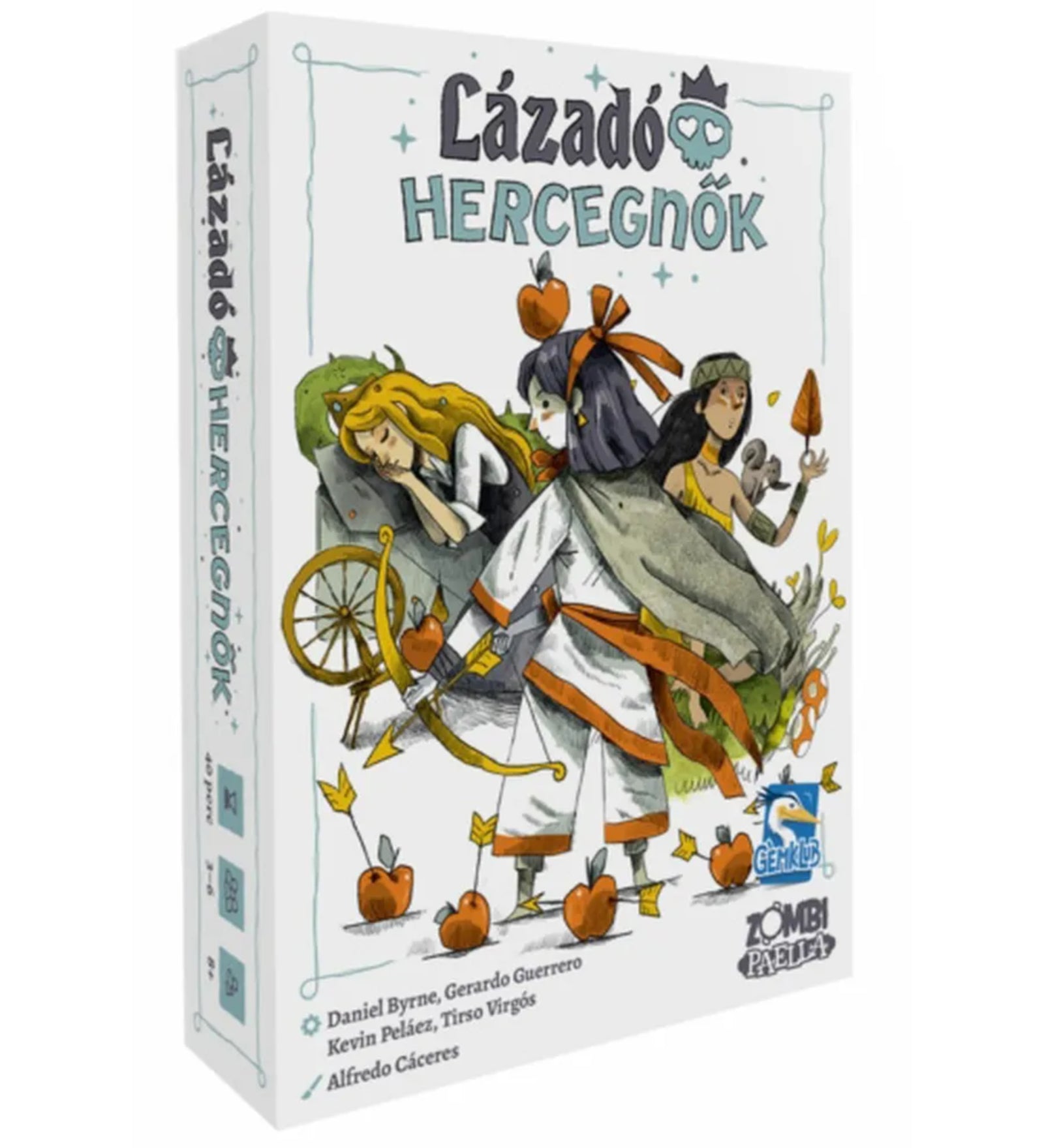 A Lázadó hercegnők társasjáték doboza, melyen három karakteres, modern hercegnő látható: egyikük harcos pózban, másik alvó helyzetben, a háttérben meseelemekkel.
