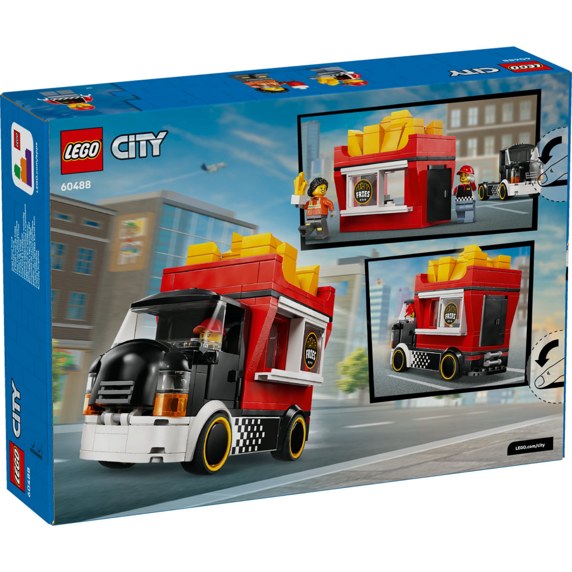 LEGO City Sültkrumplis food truck készlet dobozának hátoldala, átalakítható kiszolgáló pulttal és minifigurákkal.