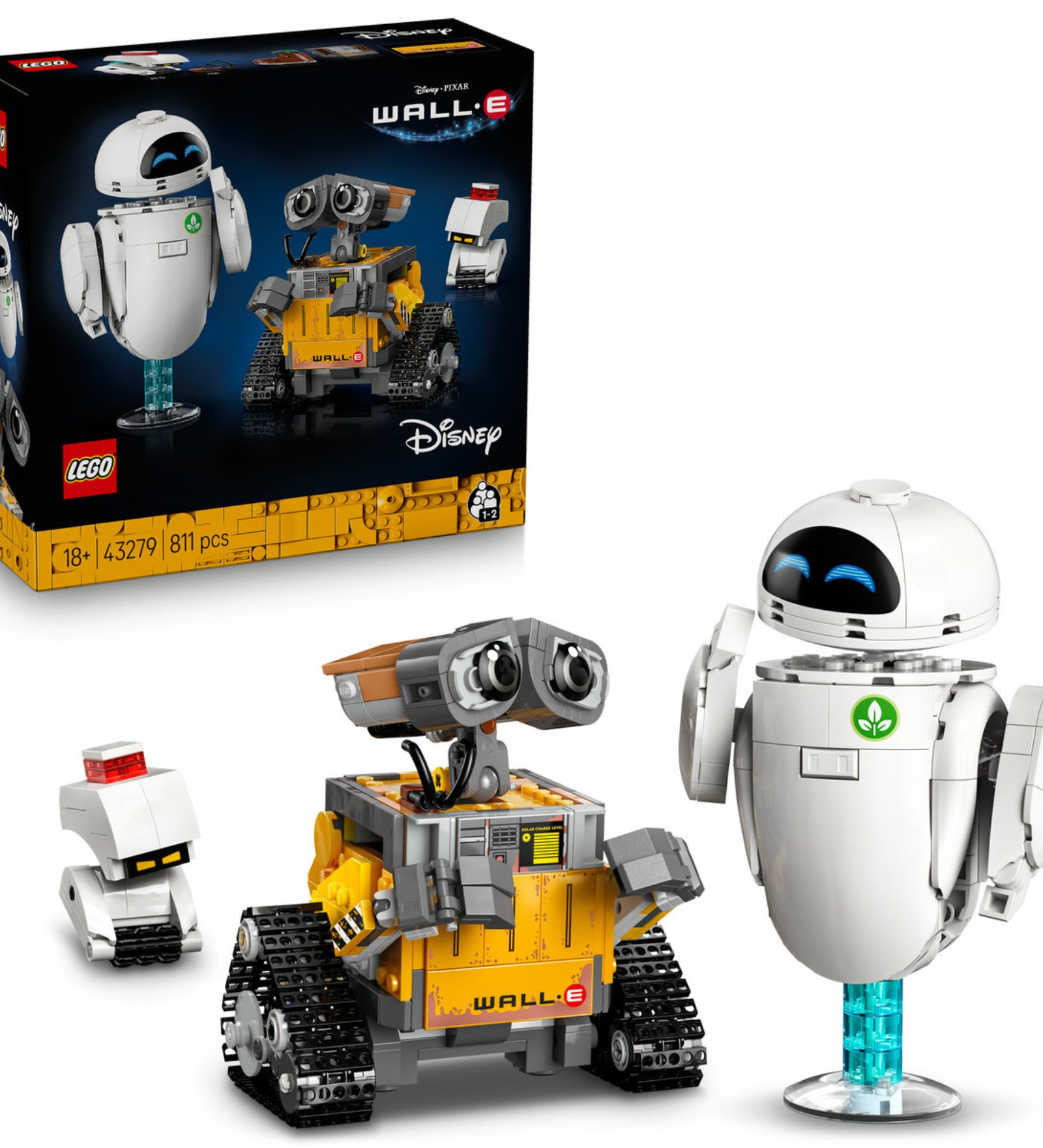 LEGO Disney Pixar 43279 WALL·E és EVA készlet doboza, valamint a megépített robotfigurák: WALL·E, EVA és M-O részletes modelljei.