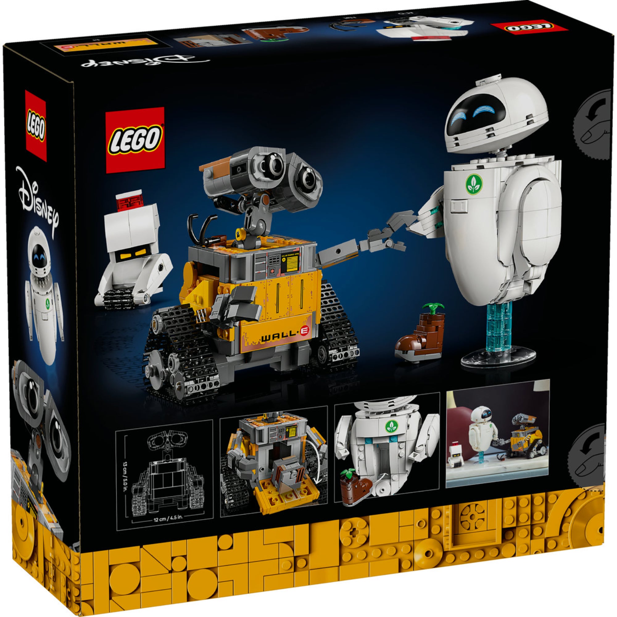 LEGO Disney Pixar 43279 doboz hátlapja, WALL·E és EVA kézfogásával, valamint a film ikonikus cserepes növényével és közeli részletfotókkal.