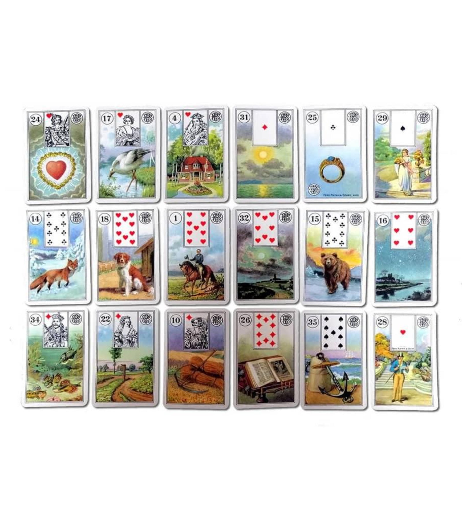 A képen a Mlle Lenormand jóskártyacsomag néhány lapja látható, összesen 24 darab kártya, gyönyörűen illusztrált jelenetekkel. Minden kártyán egy-egy szimbólum található – például szív, gyűrű, medve, ló, kutya vagy könyv –, amelyek különféle életeseményeket, érzelmi állapotokat vagy személyeket jelképeznek. A lapokon klasszikus francia kártyajelölések (pl. treff, kör, káró) is láthatók, valamint a sarkukban egy-egy szám. 