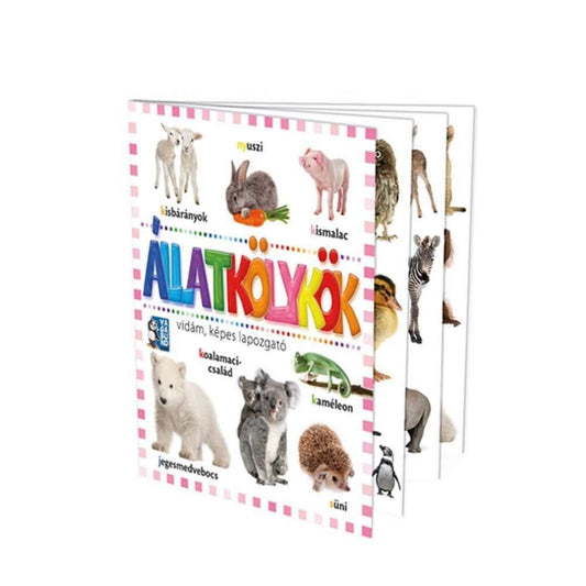 Állatkölykök – vidám, képes lapozgató gyerekkönyv borítója, amelyen különféle állatkölykök láthatók, például nyuszi, kismalac, jegesmedvebocs, koalák és sün.
