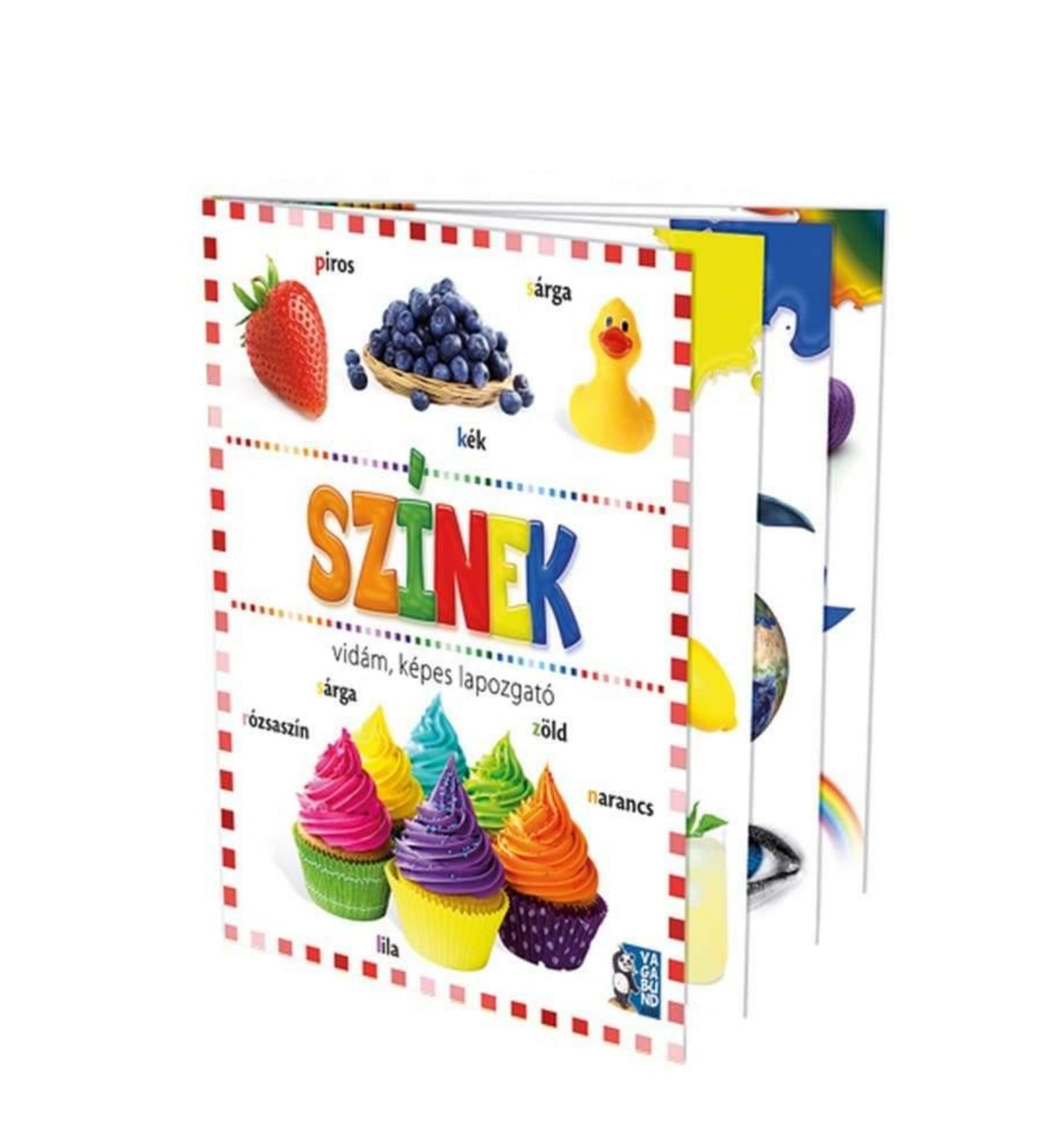 „Színek – vidám, képes lapozgató gyerekkönyv borítója, amelyen színes tárgyak és édességek láthatók, például eper, áfonya, sárga kacsa és szivárványszínű muffinok.”