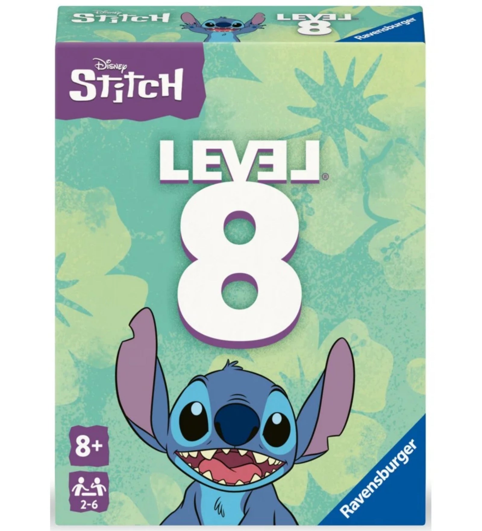 Level 8 Disney Stitch többnyelvű társasjáték doboza elölnézetből, zöld mintás háttérrel, Stitch rajzolt karakterével, „Level 8” felirattal, 8 éves kortól ajánlva, Ravensburger kiadásban.