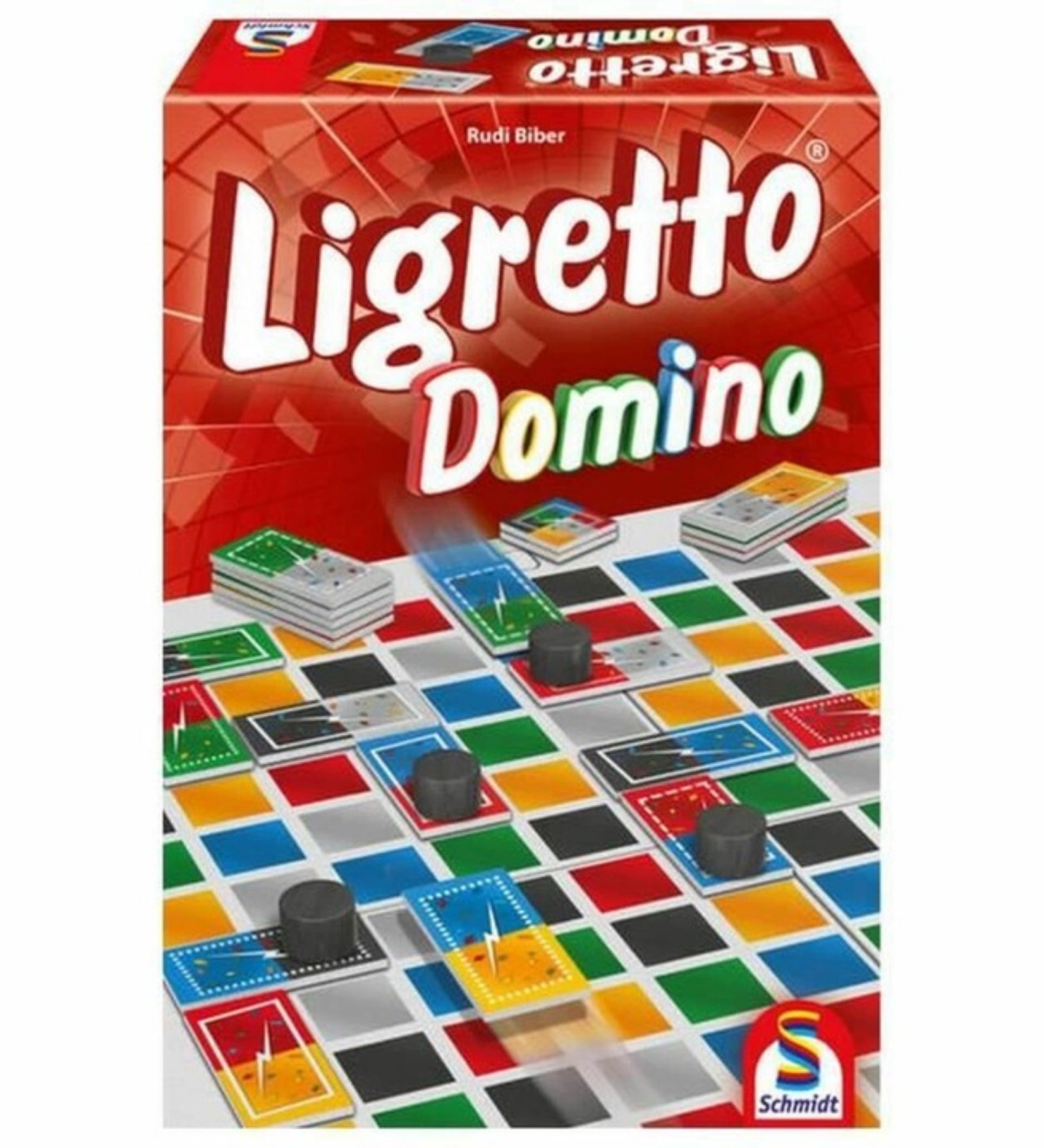 A Ligretto Domino társasjáték piros doboza, színes dominó jellegű lapkákkal és bábukkal egy színes táblán.