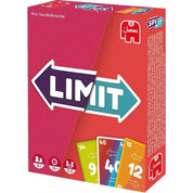 A piros dobozos LIMIT kártyajáték doboza, színes nyilakkal és számkártyákkal az elején, a Jumbo logóval.